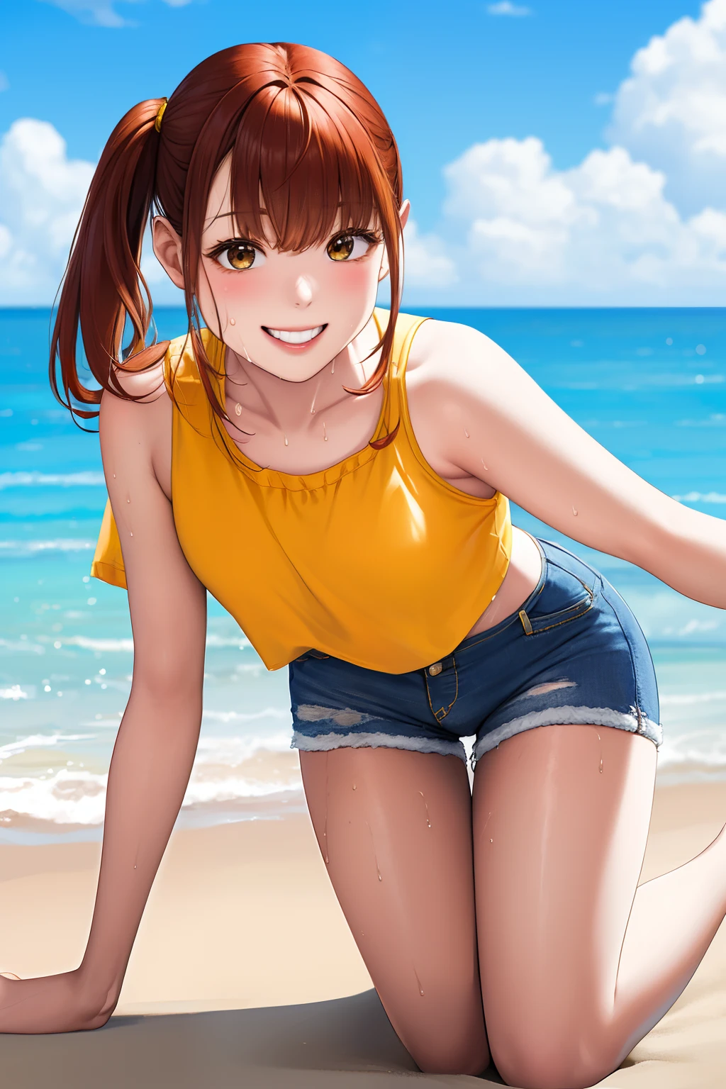 FULL BODYSHOT、an oil painting、masterpiece、top-quality、hight resolution、Red-brown hairs、Cheerful woman、a smile、yellowTThe shirt、Denim hot pants、Sweaty skin、side poneyTail、shores、Looks fun at the seaside、blue-sky、Jumping、lightly dressed