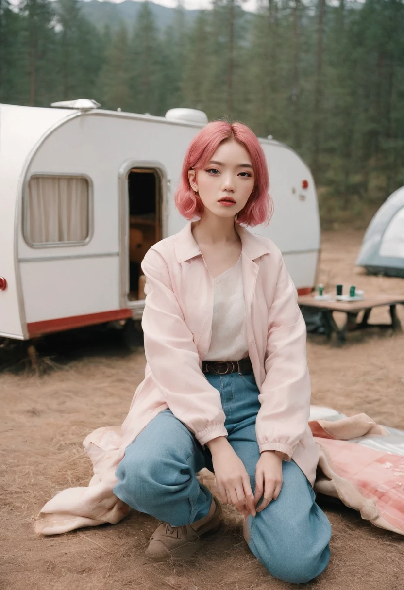 analogphoto, Grain film, vintage photograph, Portra 400, The Flash, In the style of lo-fi aesthetics:: Girl sitting near camping trailer, Light beige and red，Upper body、Pink hair、Beautiful Japan
