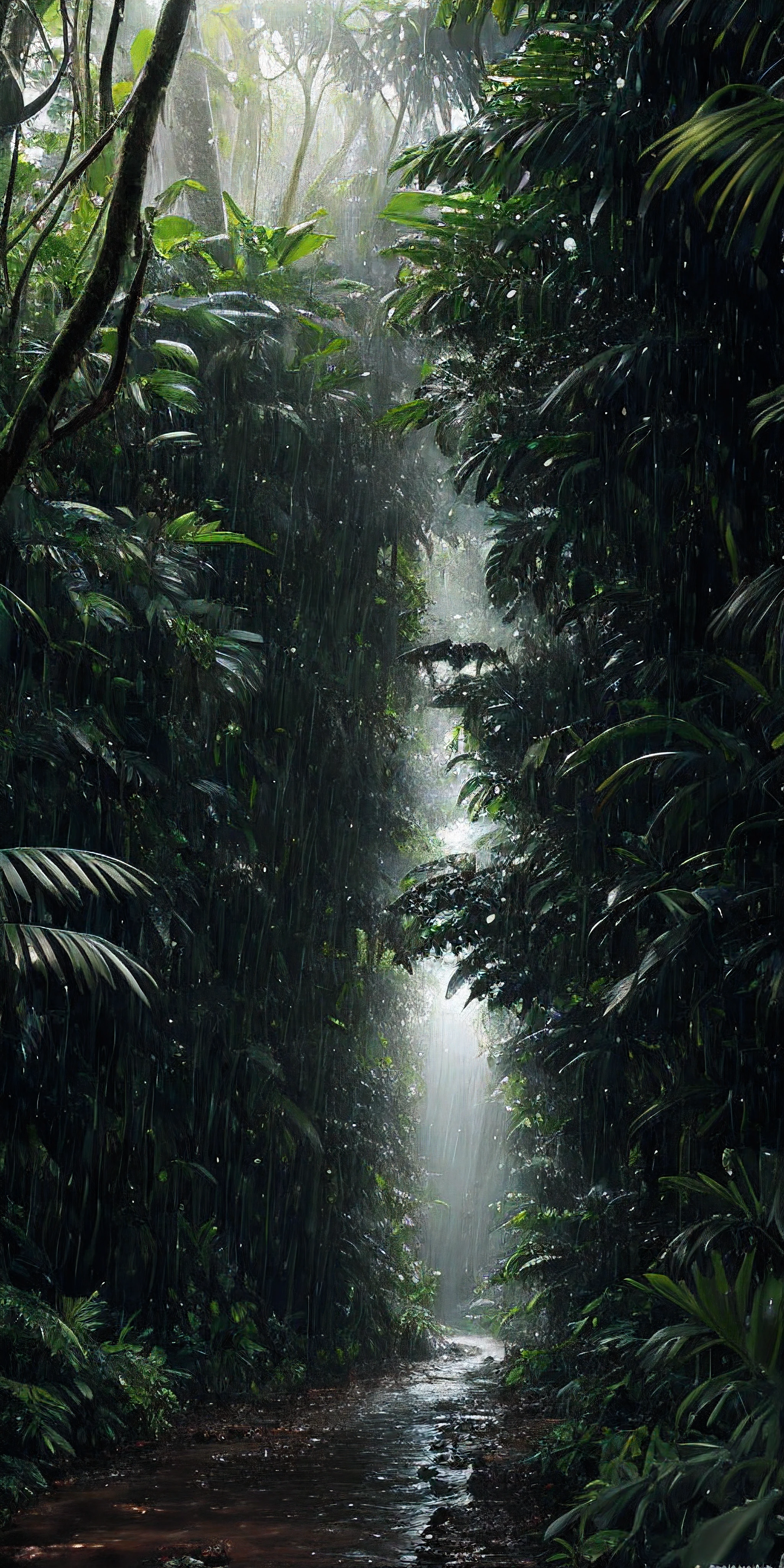 A jungle, with intense rainfall, monochromatic, vines all around, giant and wet trees, masterpiece, best quality, high quality, extremely detailed CG unity 8k wallpaper, oil paiting, award winning photography, Bokeh, Depth of Field, HDR, bloom, Chromatic Aberration ,Photorealistic,extremely detailed, trending on artstation, trending on CGsociety, Intricate, High Detail, dramatic, art by midjourney, volumetric lighting