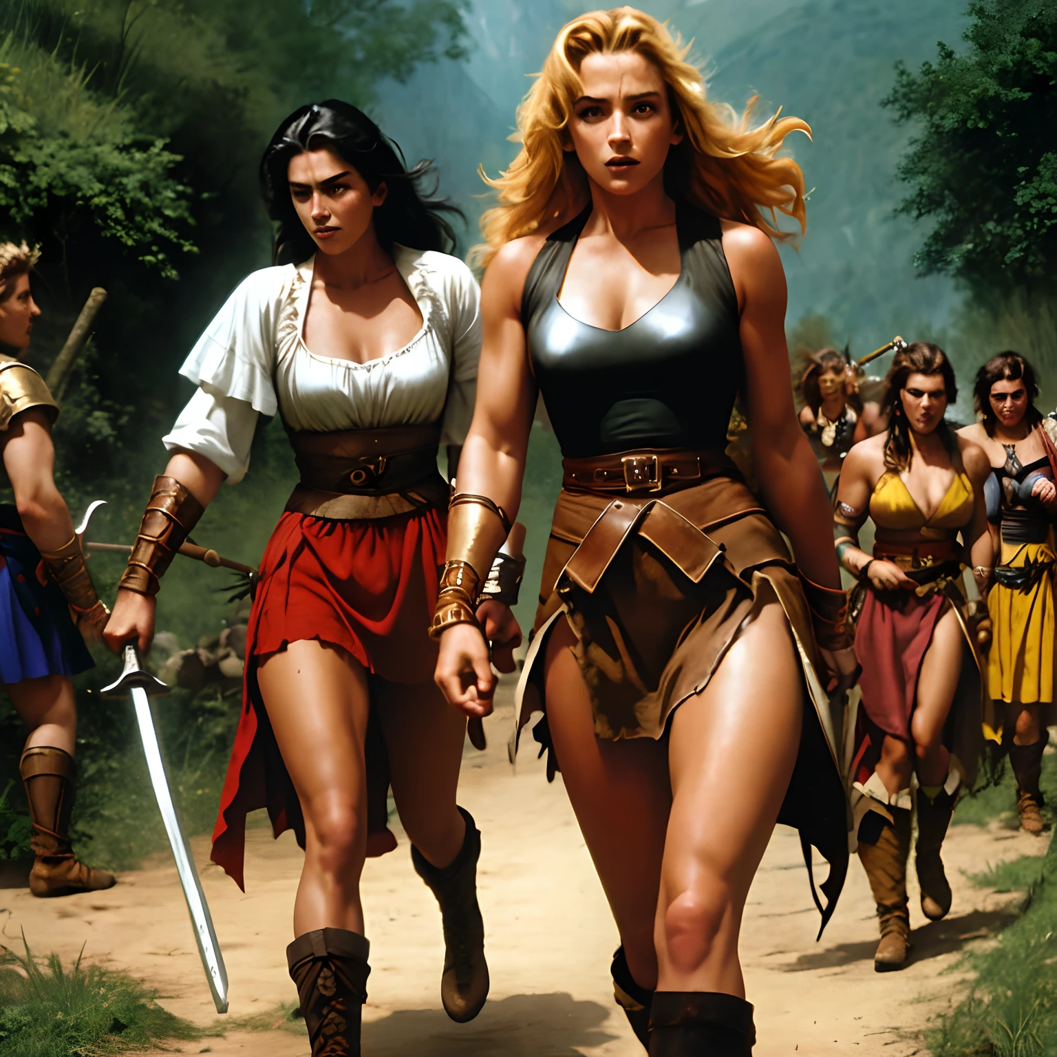 Excellent HD 8K Women's Classic Art Barbarian Comics, Sonja, the warrior Barbara, cabelos longos ondulados, cor ruivo, voluptuosa mulher, Slender and athletic body, usando trajes femininos de batalha,, ,no campo de batalha empunhando a sua espada contra seus inimigos ferozes