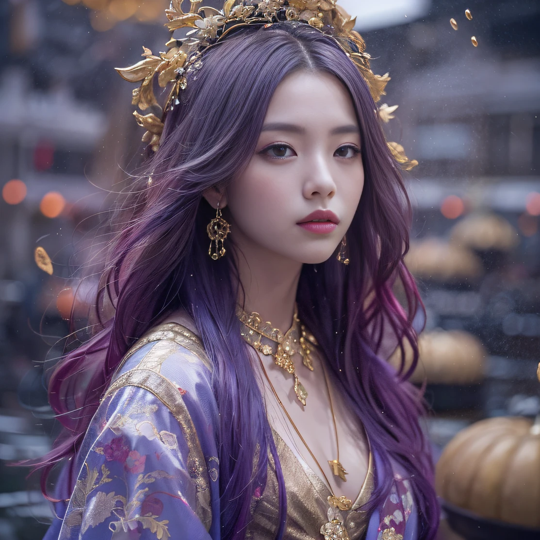 Genki Girl 32K（tmasterpiece，k hd，hyper HD，32K）Long flowing bright purple hair，Autumn Pond，zydink， a color， Asian people （Genki girl）， （Silk scarf）， Combat posture， looking at the ground， long whitr hair， Floating bright purple， Fire cloud pattern gold tiara， Chinese long-sleeved gold silk garment， （Abstract metaverse splash：1.2）， white backgrounid，Lotus vitality protector（realisticlying：1.4），Bright purple hair，Smoke on the road，The background is pure， A high resolution， the detail， RAW photogr， Sharp Re， Nikon D850 Film Stock Photo by Jefferies Lee 4 Kodak Portra 400 Camera F1.6 shots, Rich colors, ultra-realistic vivid textures, Dramatic lighting, Unreal Engine Art Station Trend, cinestir 800，A girl with long flowing bright purple hair