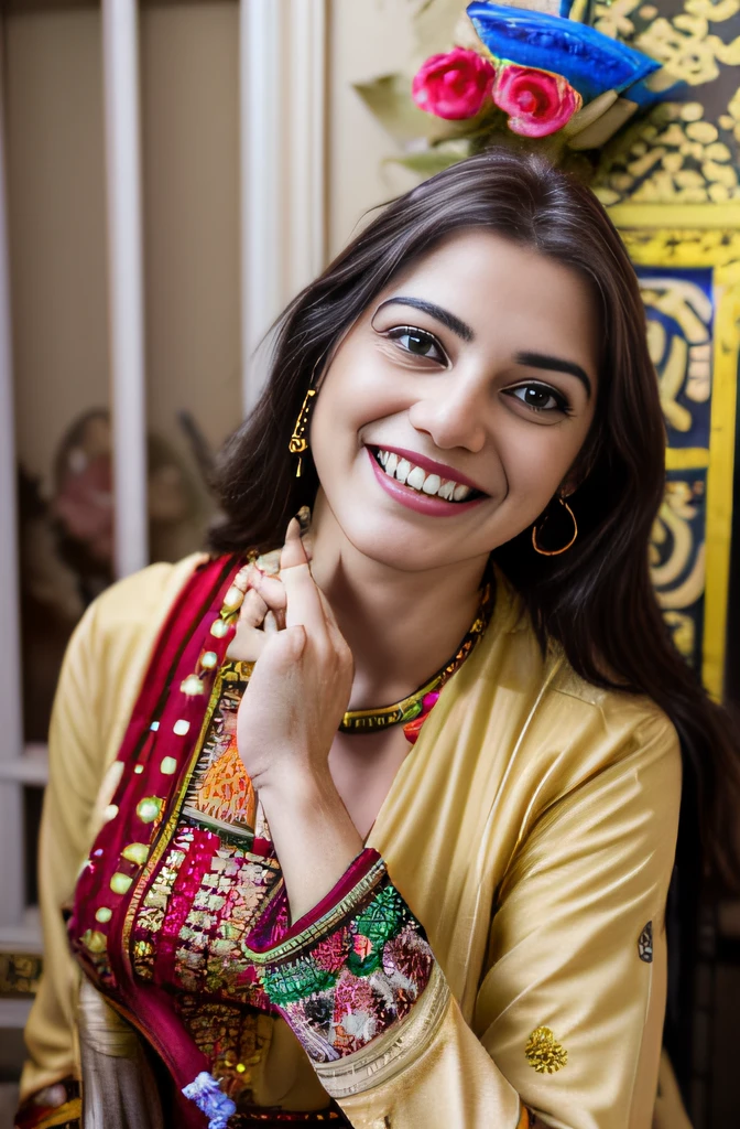 garden, beautiful detailed eyes, colorful dress, smiling, sunlight, traditional Pakistani pattern, vibrant colors, warm and inviting atmosphere, oil painting, highres, vivid colors, soft lighting, culturally rich, expressive face, joyful expression, friendly aura, traditional door design, henna decorated hands, traditional jewelry, intricate details, culturally diverse, happy and welcoming.