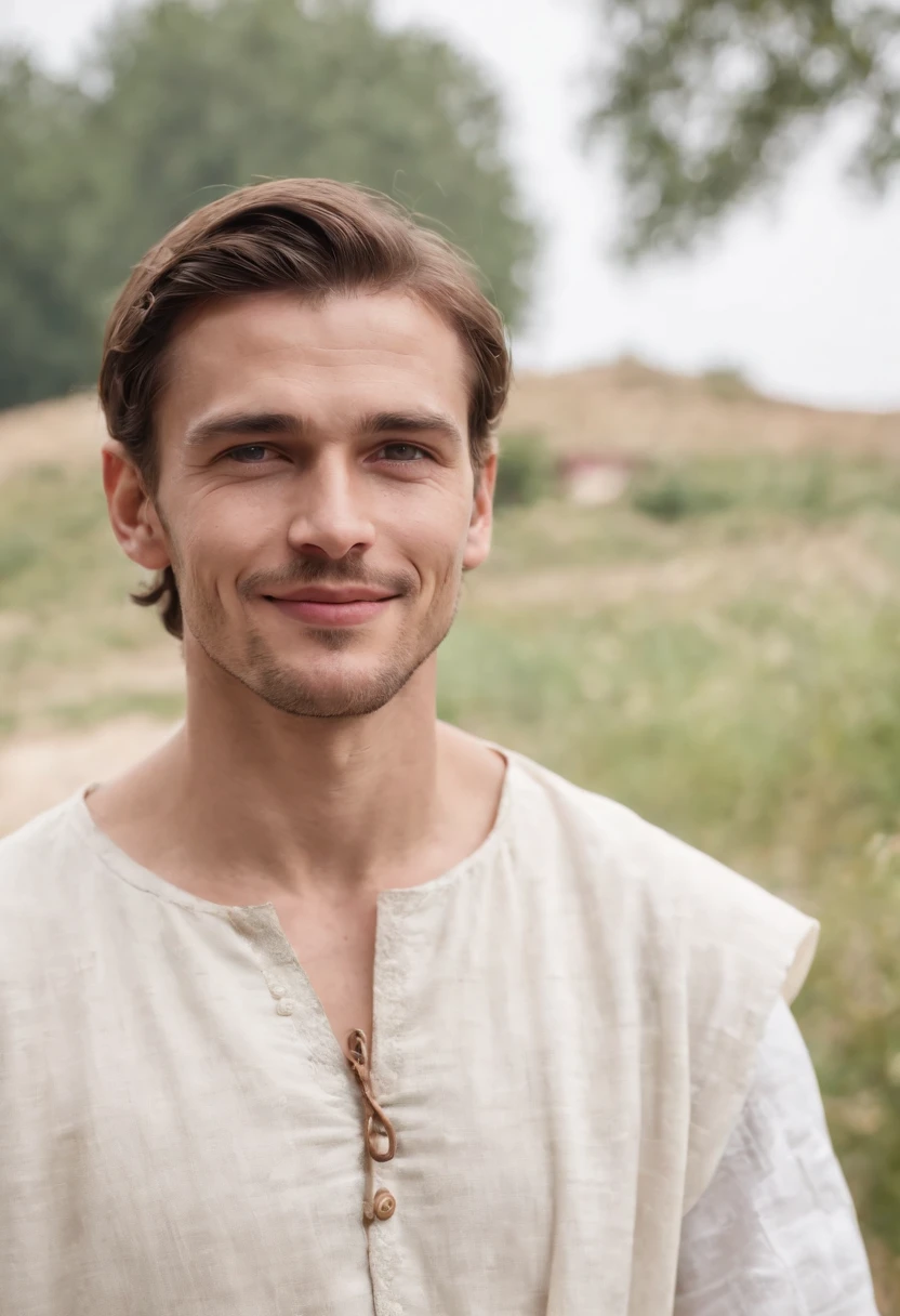 A young man, Adult, 25 Years, White Clothes, Merchant, Farmer, Medieval, Smiling Man, Best Quality, Masterpiece, 8k, 32k, Village Background,upper bod