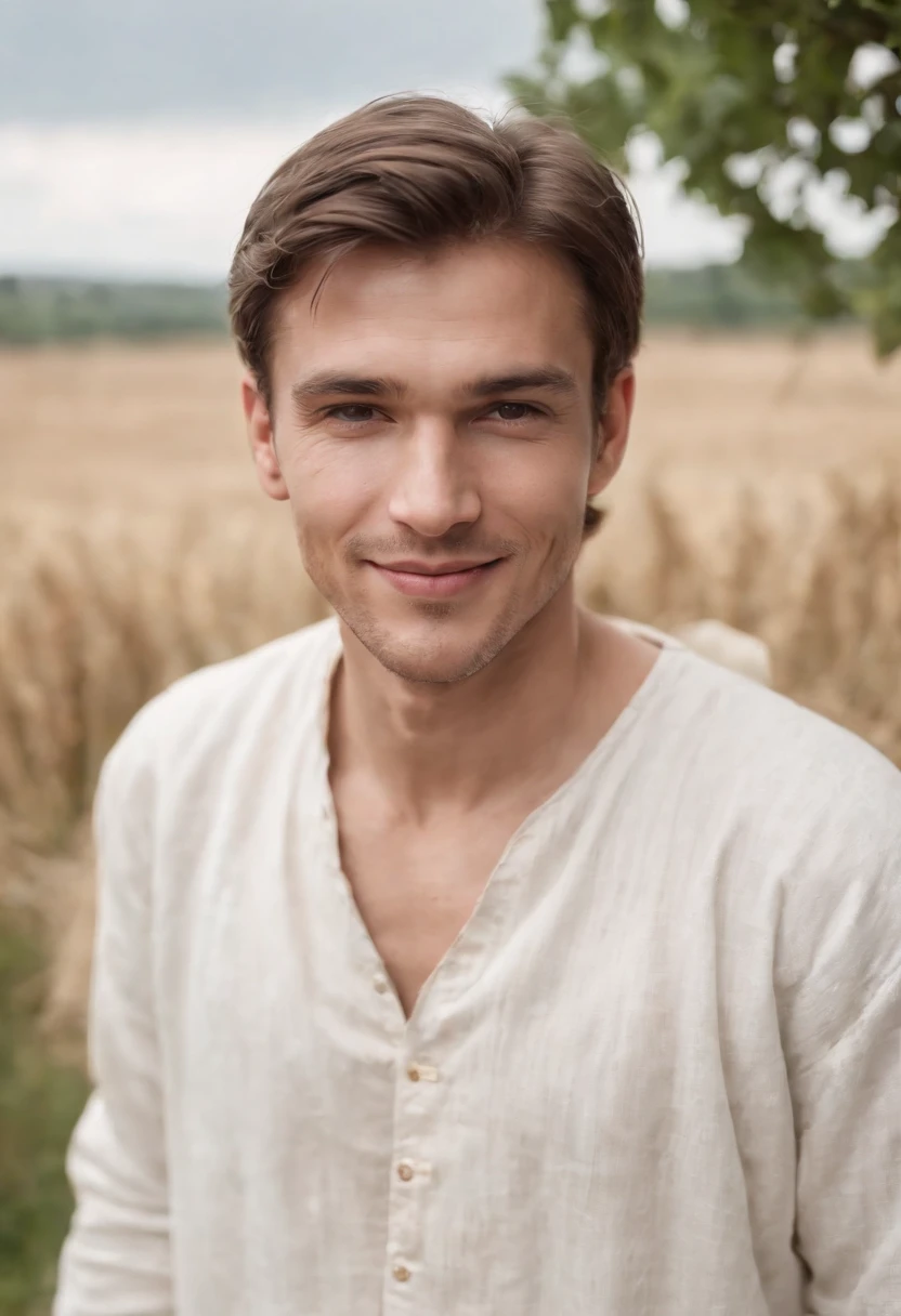 A young man, Adult, 25 Years, White Clothes, Merchant, Farmer, Medieval, Smiling Man, Best Quality, Masterpiece, 8k, 32k, Village Background,upper bod