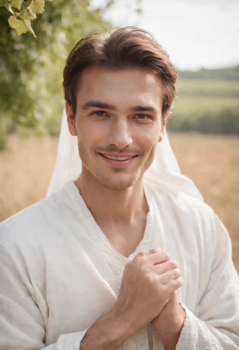 A young man, Adult, 25 Years, White Clothes, Merchant, Farmer, Medieval, Smiling Man, Best Quality, Masterpiece, 8k, 32k, Village Background,upper bod