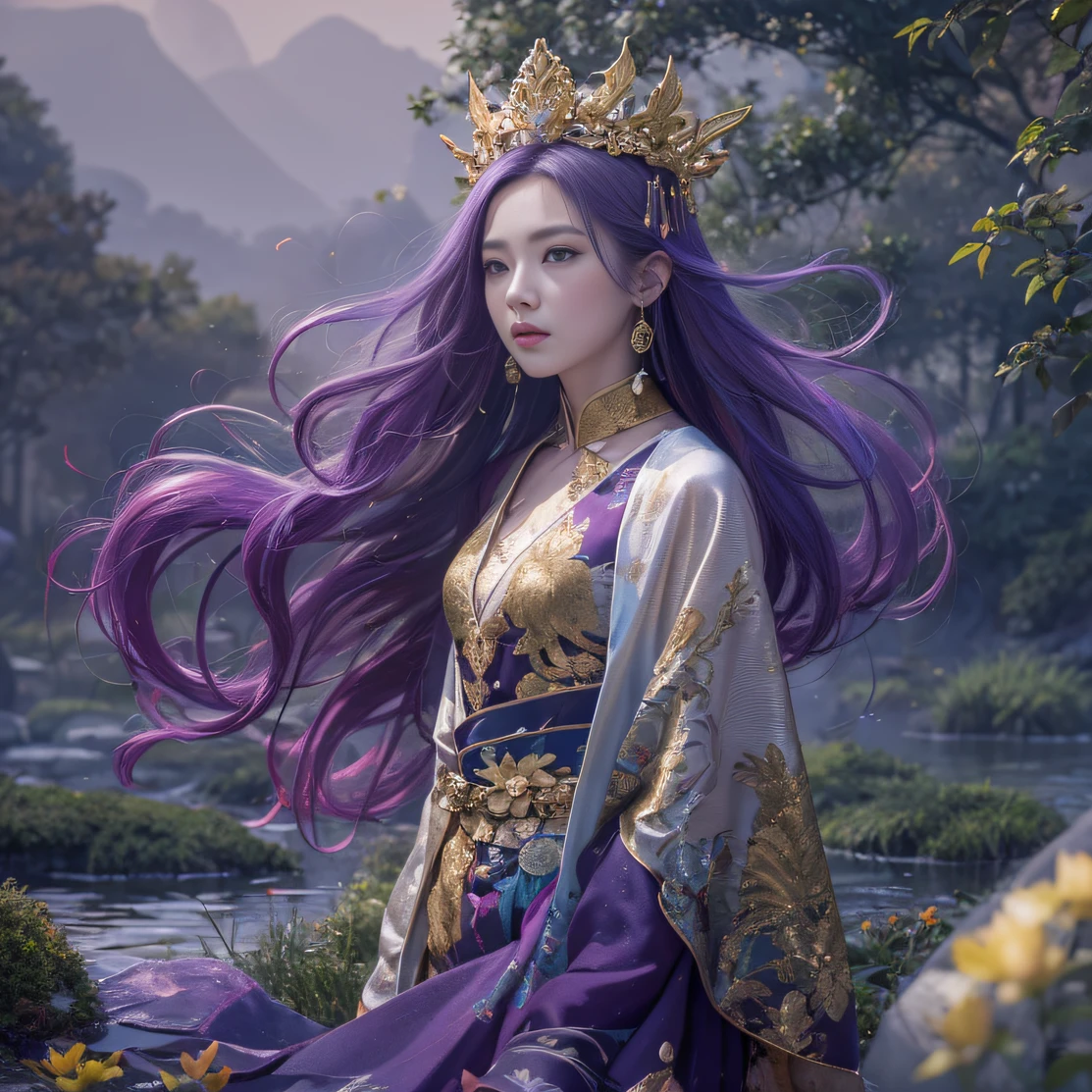 Genki Girl 32K(tmasterpiece,k hd,hyper HD,32K)Long flowing bright purple hair,Autumn Pond,zydink, a color, Asian people (Genki girl), (Silk scarf), Combat posture, looking at the ground, long whitr hair, Floating bright purple, Fire cloud pattern gold tiara, Chinese long-sleeved gold silk garment, (Abstract metaverse splash:1.2), white backgrounid,Lotus vitality protector(realisticlying:1.4),Bright purple hair,Smoke on the road,The background is pure, A high resolution, the detail, RAW photogr, Sharp Re, Nikon D850 Film Stock Photo by Jefferies Lee 4 Kodak Portra 400 Camera F1.6 shots, Rich colors, ultra-realistic vivid textures, Dramatic lighting, Unreal Engine Art Station Trend, cinestir 800,A girl with long flowing bright purple hair