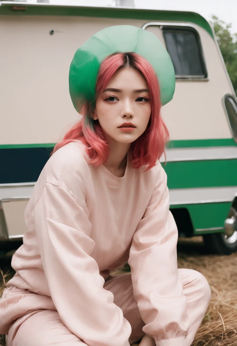 analogphoto, Grain film, vintage photograph, Portra 400, The Flash, In the style of lo-fi aesthetics:: Girl sitting near camping trailer, Light beige and red、Green and pink hair、Beautiful Japan、24 year old