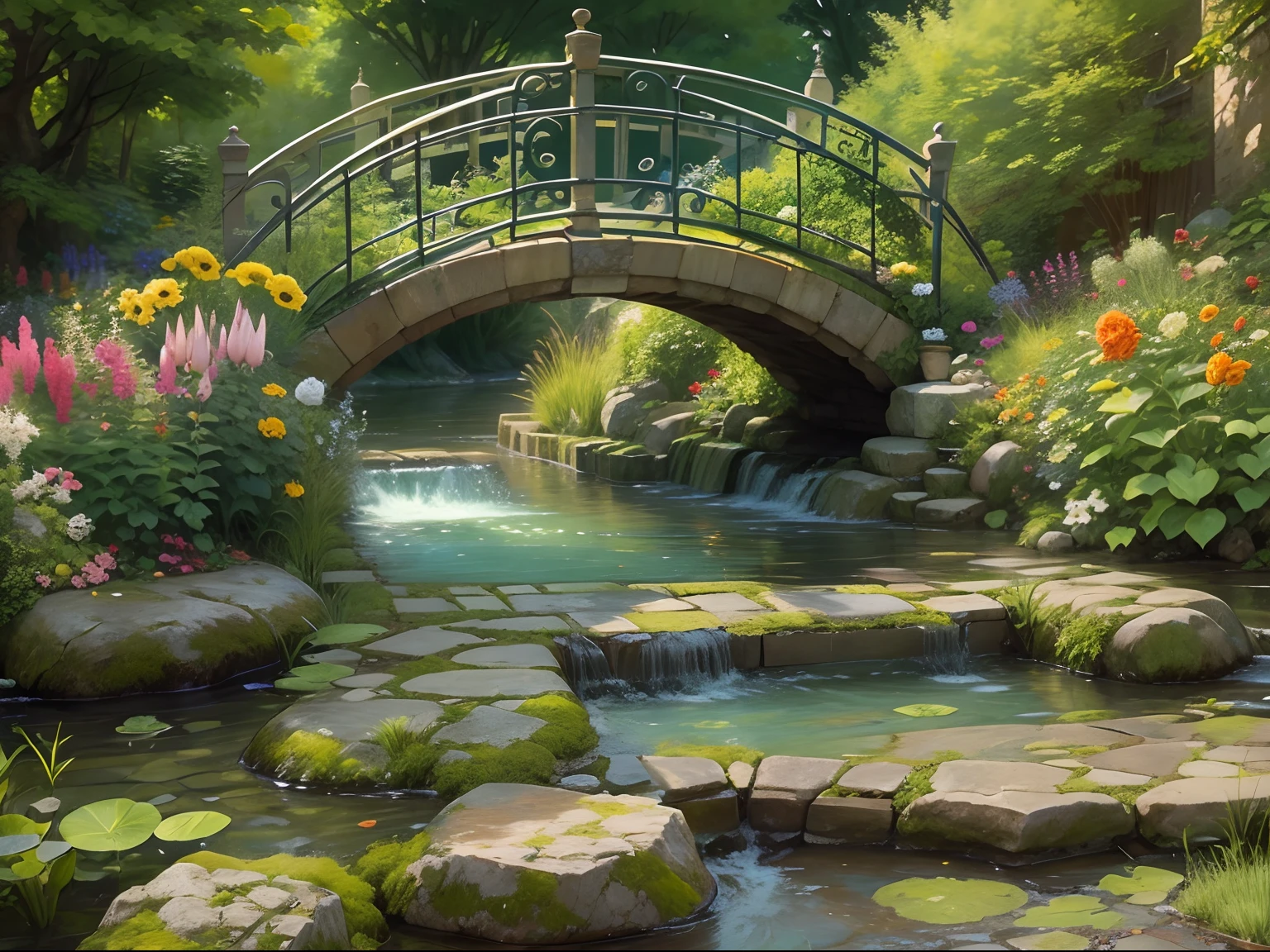 there is a painting of a garden with a table and chairs, cozy cafe background, arte de fundo interior, arte conceitual relaxante, fundo do jardim, arte de fundo do anime, jardim realista, ambiente do jardim, ambiente relaxante, atmosfera tranquila e serena, fundo do quarto pessoal, ambiente do jardim, anime bela cena de paz, ambiente tranquilo, jardim estilo bonito, ambiente tranquilo, peaceful scene