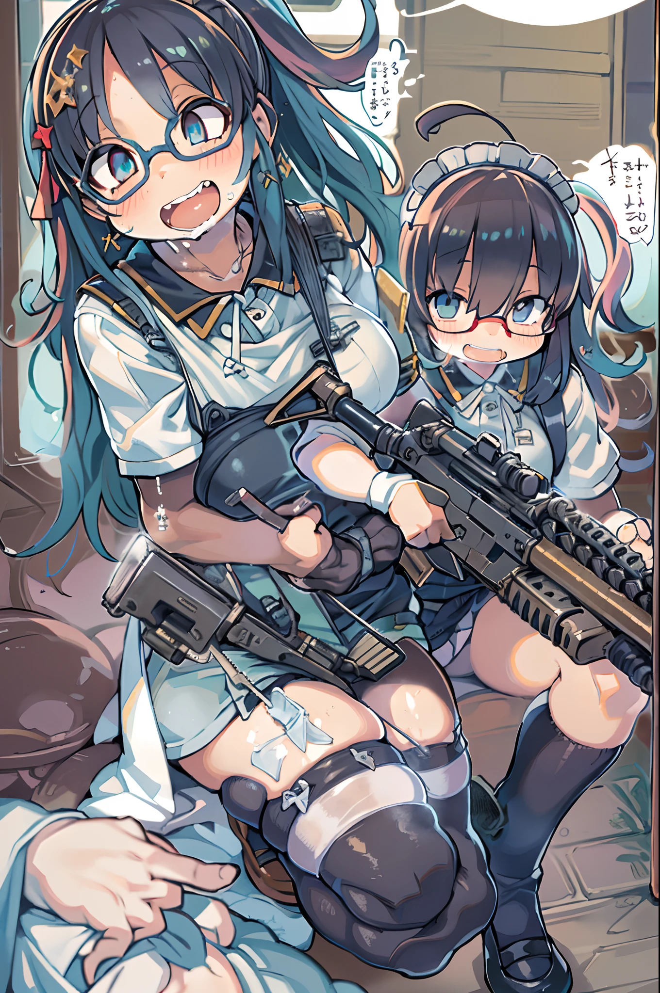 masutepiece, Best Quality, 1girl in, Empty eyes, Utsurome, maid, Smile,a  girl,Lori,(((Huge assault rifle))),rocket launcher、Multiple girls、big round glasses,double tooth