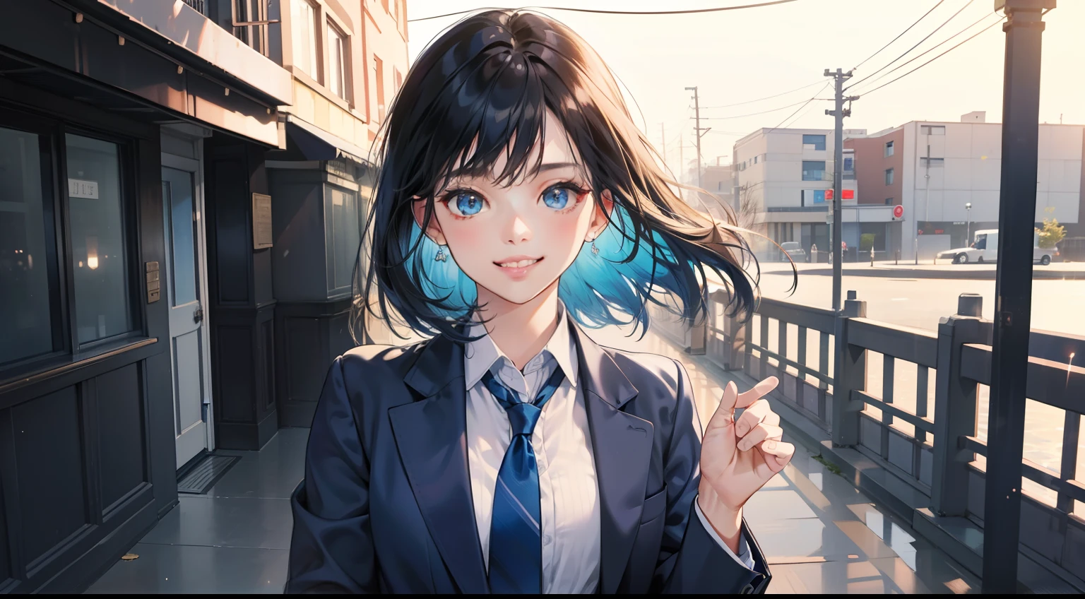 (The background is filled with a simple blue design pattern in 2D), (Formal jacket dark blue), girl placed on the right, The theme color is blue, masutepiece, Super Detail, High quality, awardwinning, 8K, (girl), Solo, Smiling, High School Uniform, White shirt, Short tie, Short pleated skirt is plaid, Half body shot, Shooting from the front, Detailed fingers, romantic, Cinematic Light