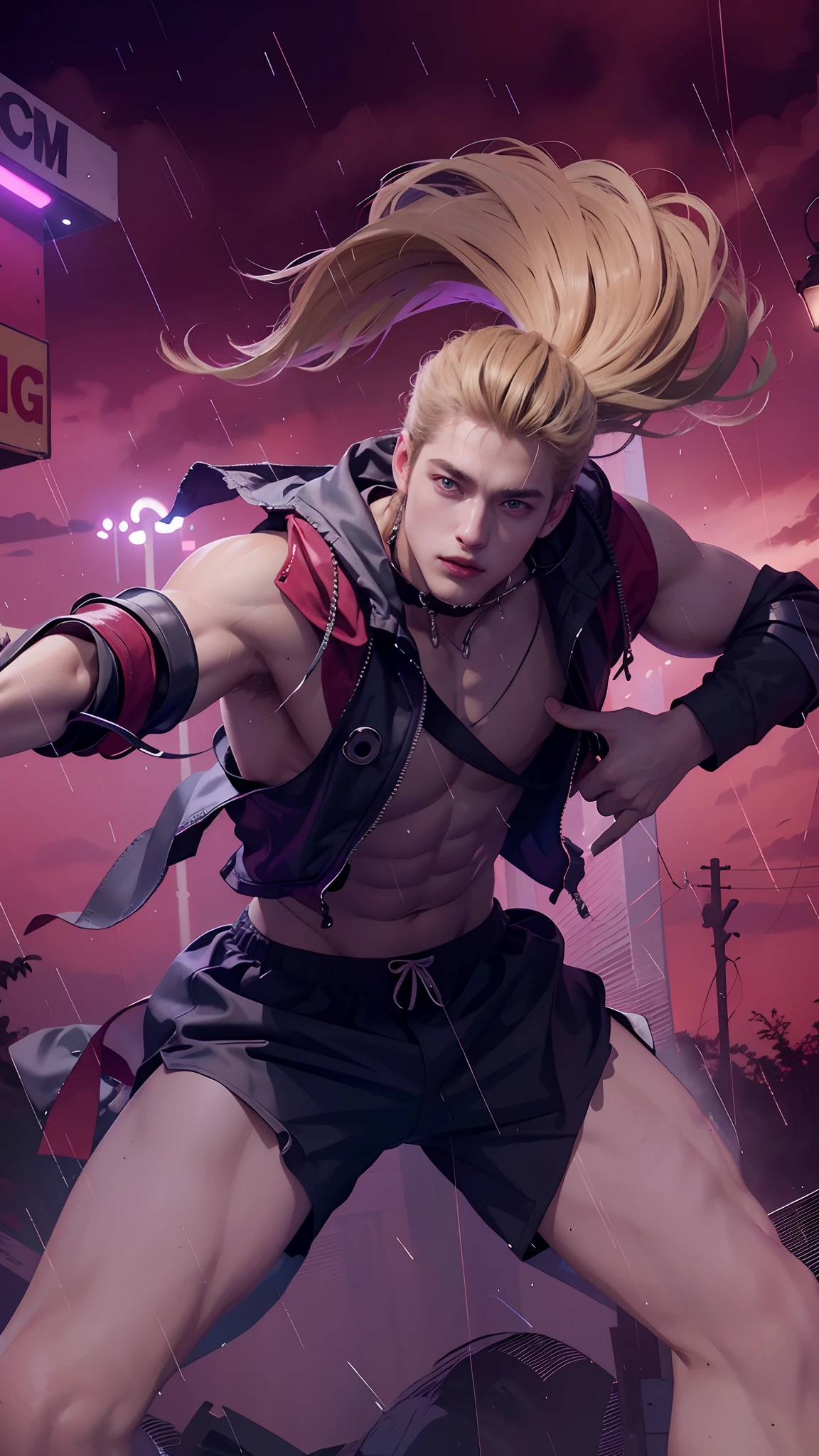 8K, Best Quality, Masterpiece, Ultra High Resolution, (Ultra Detailed Image), (Realistic: 1.4), Original Image, (Realistic Skin Texture: 1.3), (Film Grain: 1.3) , (Selfie Angle), (1 Guy), Long Hair, Blonde Hair, Beautiful Eyes And Face Detail, Masterpiece, Best Quality, Close Up, Toned Body, Perfect Muscles, Chest Muscles exposed, 6-pack body, Natural skin, Hairless, Shirtless, Transparent white shorts, (Boy standing in the rain), (Evening), Night, Sci-fi, Urban, Home , Lights, Electric Poles