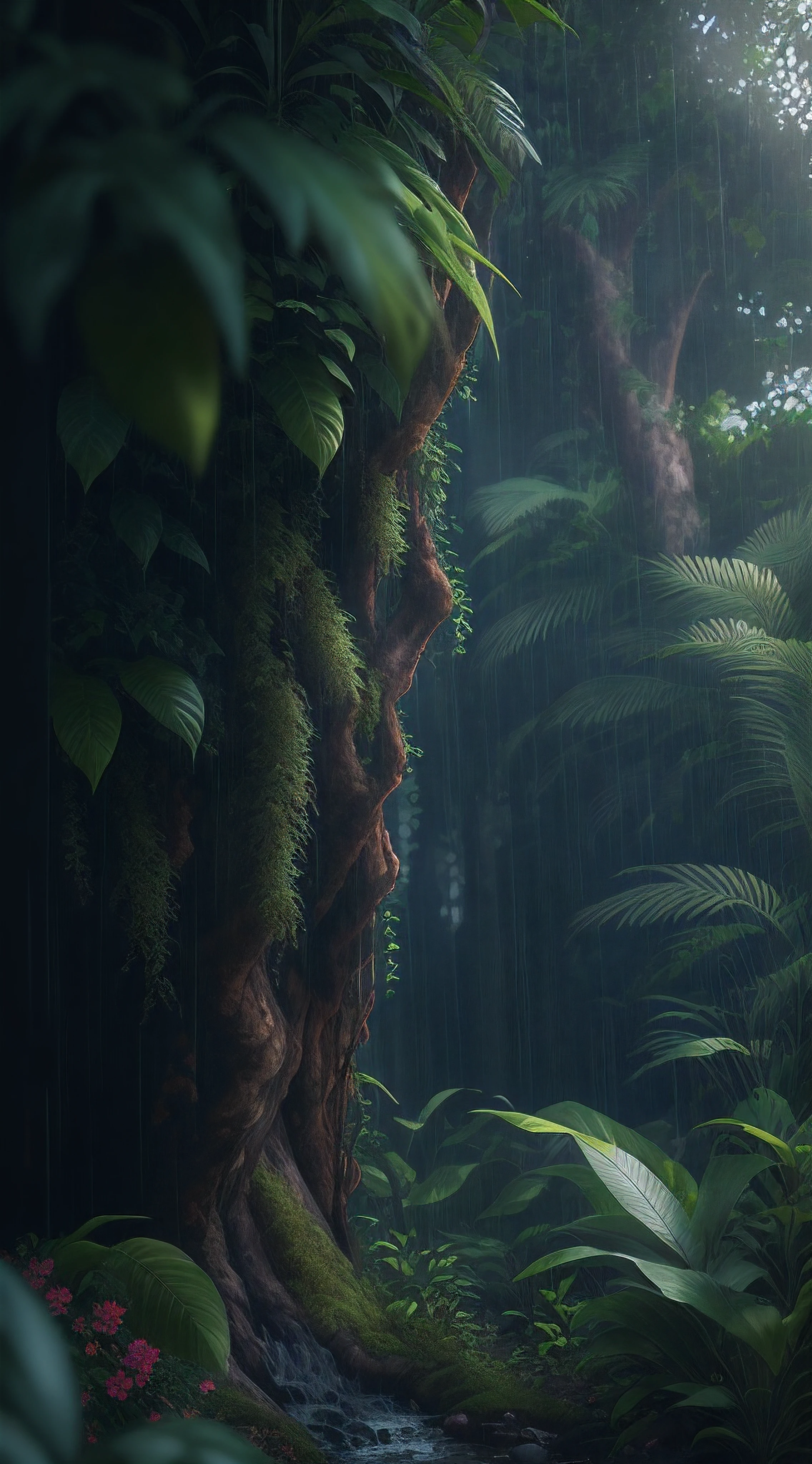 A jungle, with intense rainfall, monochromatic, vines all around, giant and wet trees, masterpiece, best quality, high quality, extremely detailed CG unity 8k wallpaper, oil paiting, award winning photography, Bokeh, Depth of Field, HDR, bloom, Chromatic Aberration ,Photorealistic,extremely detailed, trending on artstation, trending on CGsociety, Intricate, High Detail, dramatic, art by midjourney, volumetric lighting