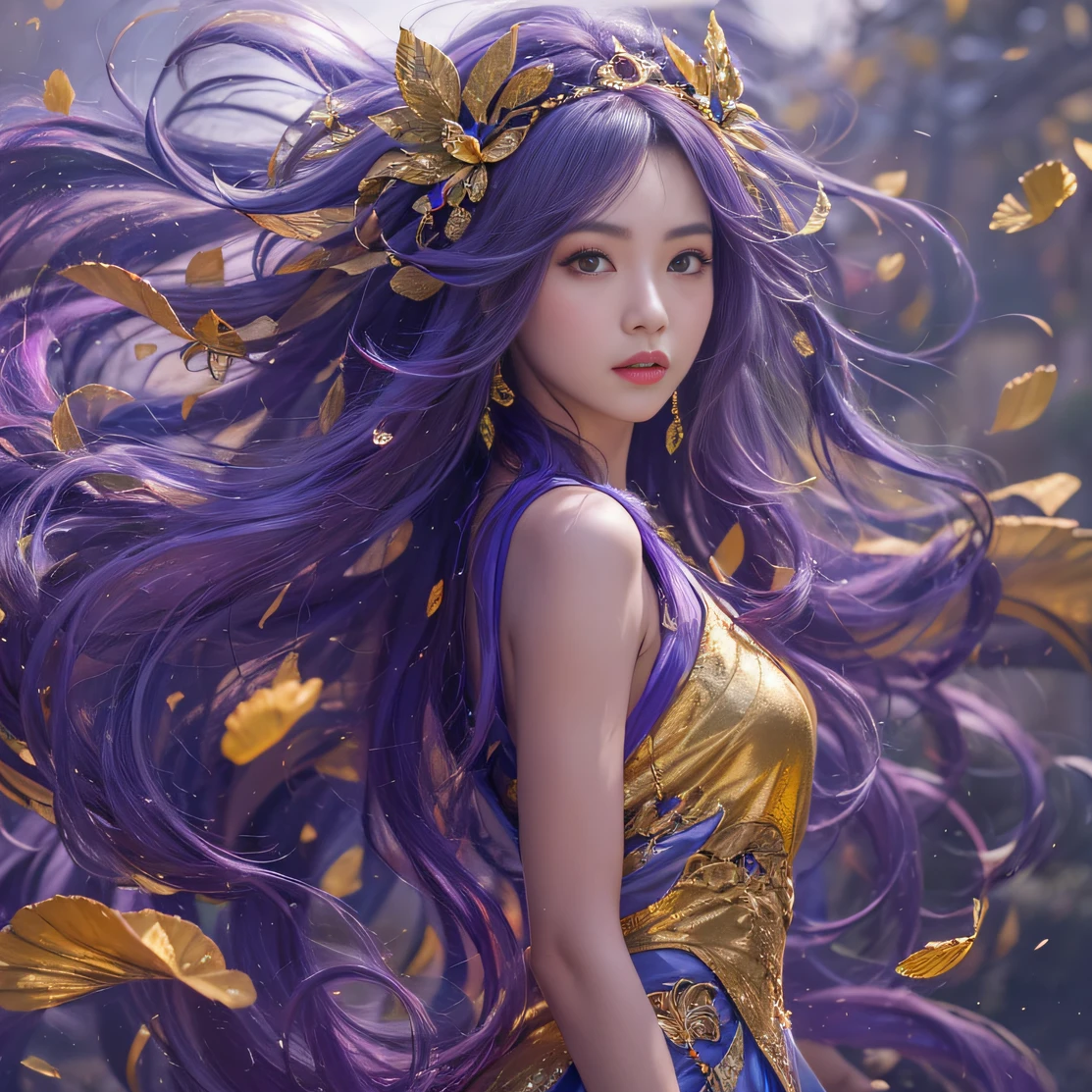 Genki Girl 32K(tmasterpiece,k hd,hyper HD,32K)Long flowing bright purple hair,Autumn Pond,zydink, a color, Asian people (Genki girl), (Silk scarf), Combat posture, looking at the ground, long whitr hair, Floating bright purple, Fire cloud pattern gold tiara, Chinese long-sleeved gold silk garment, (Abstract metaverse splash:1.2), white backgrounid,Lotus vitality protector(realisticlying:1.4),Bright purple hair,Smoke on the road,The background is pure, A high resolution, the detail, RAW photogr, Sharp Re, Nikon D850 Film Stock Photo by Jefferies Lee 4 Kodak Portra 400 Camera F1.6 shots, Rich colors, ultra-realistic vivid textures, Dramatic lighting, Unreal Engine Art Station Trend, cinestir 800,A girl with long flowing bright purple hair