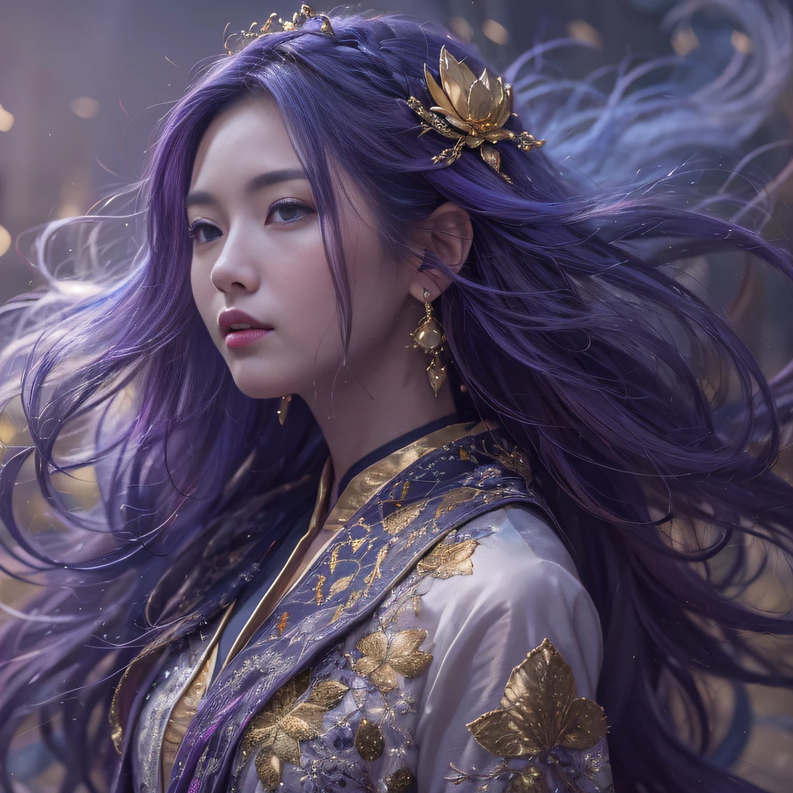 Genki Girl 32K（tmasterpiece，k hd，hyper HD，32K）Long flowing bright purple hair，Autumn Pond，zydink， a color， Asian people （Genki girl）， （Silk scarf）， Combat posture， looking at the ground， long whitr hair， Floating bright purple， Fire cloud pattern gold tiara， Chinese long-sleeved gold silk garment， （Abstract metaverse splash：1.2）， white backgrounid，Lotus vitality protector（realisticlying：1.4），Bright purple hair，Smoke on the road，The background is pure， A high resolution， the detail， RAW photogr， Sharp Re， Nikon D850 Film Stock Photo by Jefferies Lee 4 Kodak Portra 400 Camera F1.6 shots, Rich colors, ultra-realistic vivid textures, Dramatic lighting, Unreal Engine Art Station Trend, cinestir 800，A girl with long flowing bright purple hair