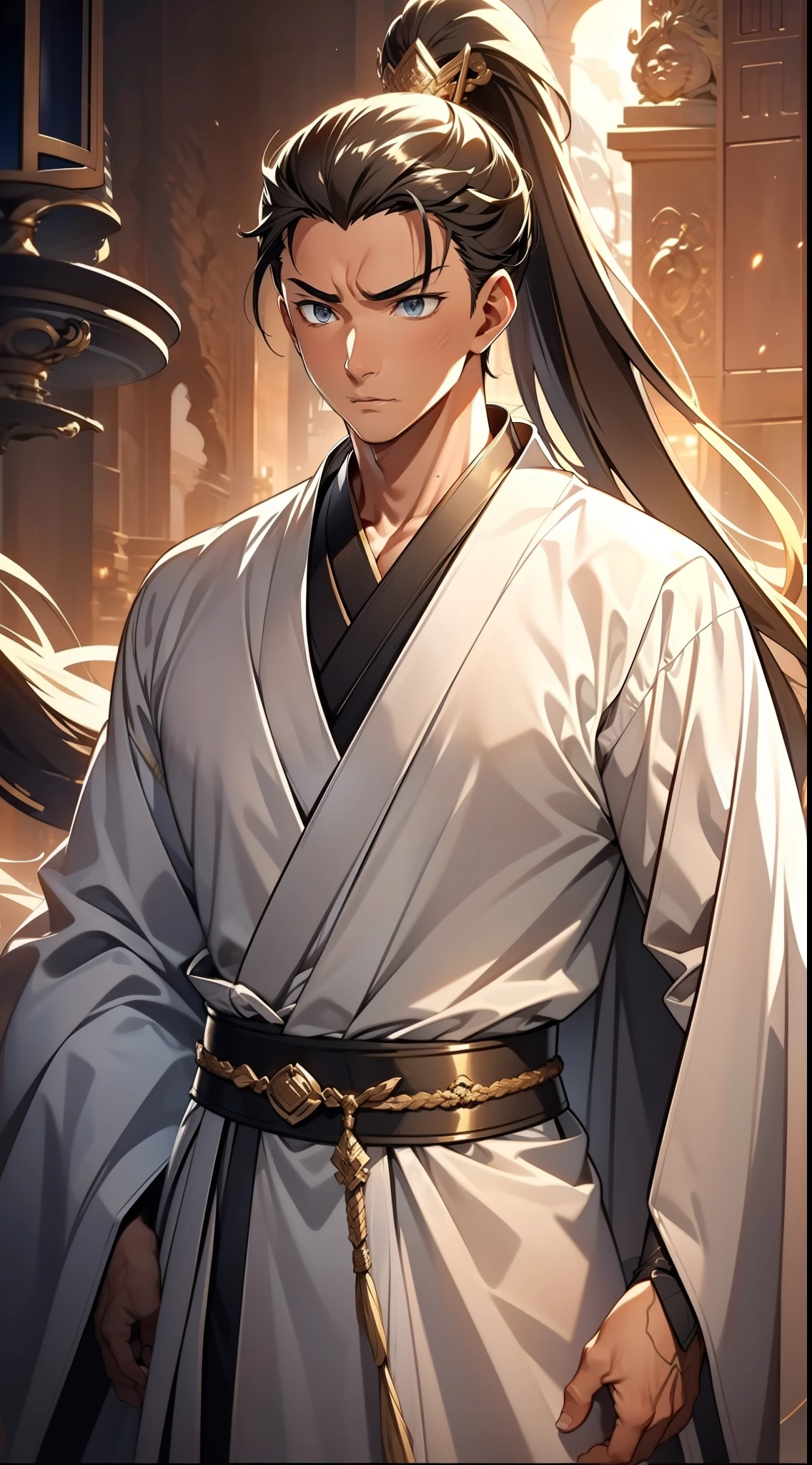 quadratic element,style of anime,mtu(Male Warrior),The proportions are correct,Face details,swordsmen,High ponytail hairstyle,Neck details,There is an Adam's apple,White robe,kaftan,long white robe,clothes details,Handing over,longer sleeves,Game quality,Swordsmanship,Light and shadow tracking,Ray traching,detailed glow,cg render,hair detail,cabelos preto e longos,blue colored eyes,Handsome,Handsome,(juvenile sense),Clothing is complicated,Perfectcomposition,Refinement,high qulity,higher details,Lots of details,The background is complex,a sense of atmosphere,