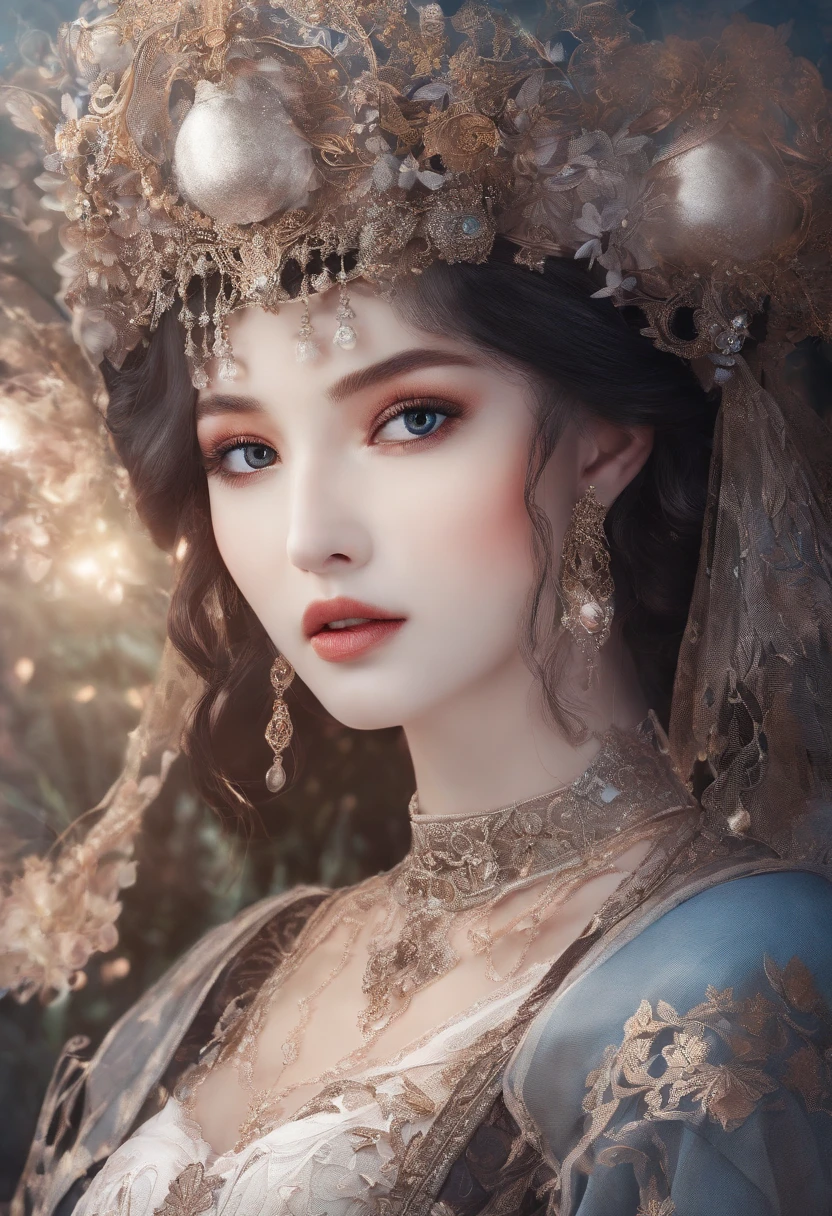 Masterpiece:1.4),, (Best quality:1.4),, Ultra-high RES,, 8K, CG,, (Extremely delicate and beautiful:1.2),,The upper part of the body,, 1girll,, Solo,, fashi-girl,, Thumbelina,Little princess,Blue taffeta court dress,Under huge mushrooms,forest backgrou ,Delicate depiction of facial features,almond eyes,Delicate eyeliner。long eyelasher,greene eyes,Black pupils,There is starlight in the eyes,Delicate lip detailing,Oil painting quality,Thick painting style