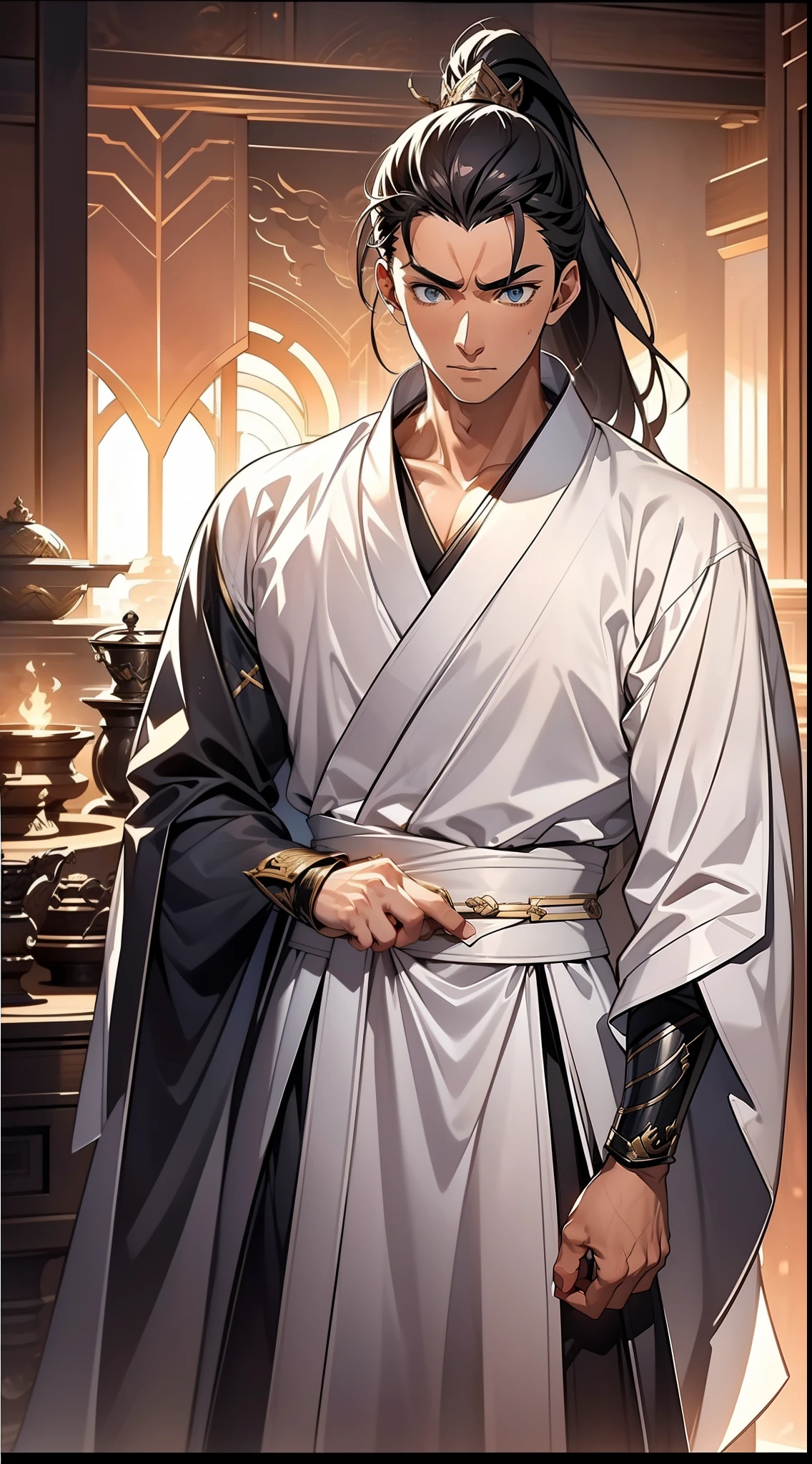 quadratic element，style of anime，mtu（Male Warrior），The proportions are correct，Face details，swordsmen，High ponytail hairstyle，Neck details，There is an Adam's apple，White robe，kaftan，long white robe，clothes details，Handing over，longer sleeves，Game quality，Swordsmanship，Light and shadow tracking，Ray traching，detailed glow，cg render，hair detail，cabelos preto e longos，blue colored eyes，Handsome，Handsome，（juvenile sense），Clothing is complicated，Perfectcomposition，Refinement，high qulity，higher details，Lots of details，The background is complex，a sense of atmosphere，