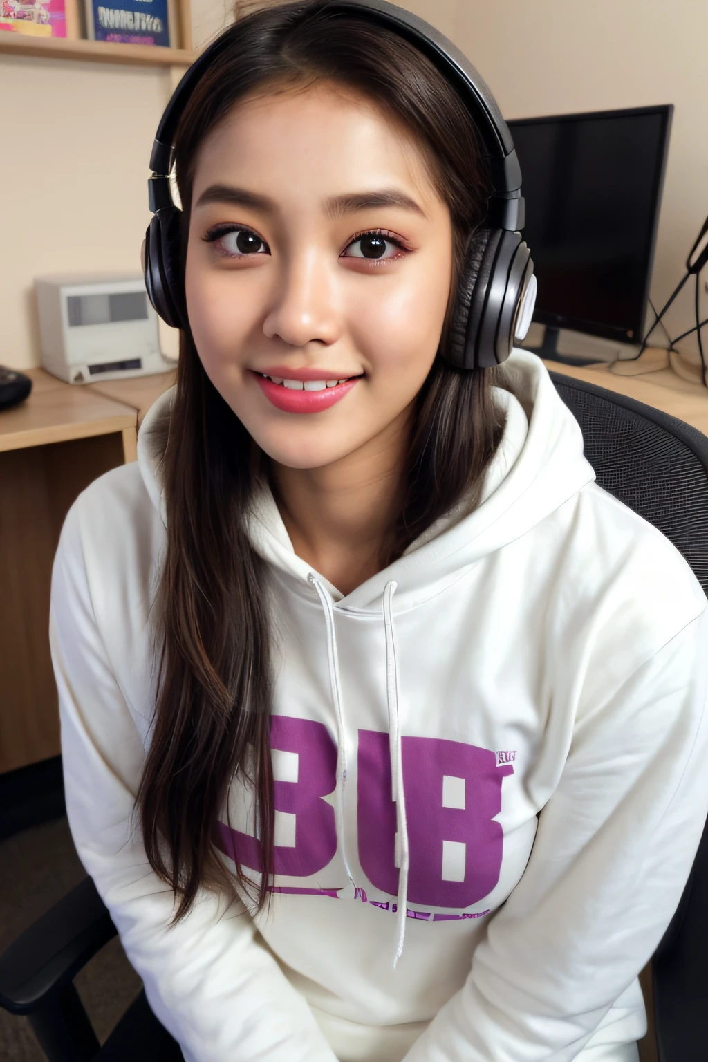 photorealistic, best quality, hyper detailed, beautiful woman asian age 22 name nurul eye broown, selfie photo, upper body big breast, solo,contact lense,tshirt hoodie, sitting at a chair with a desk, indoors, (evening), in podcaster room with mic ,white big gamer headphone (cheerful, happy,confident,rich,calm), looking at viewer, skin texture, film grain, close up, ultra high res, best shadow, instagram Nurul