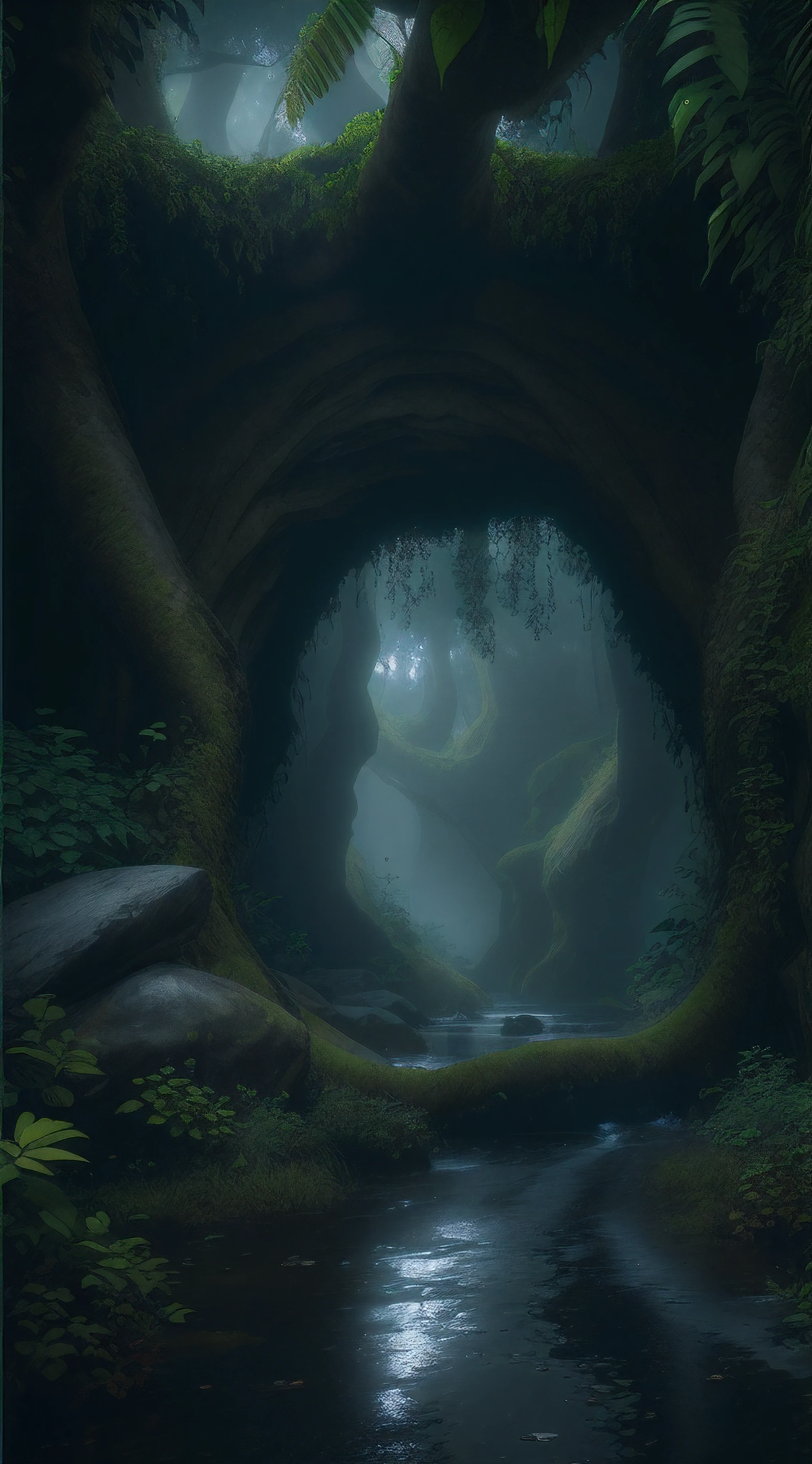 A jungle, with intense rainfall, monochromatic, vines all around, giant and wet trees, masterpiece, best quality, high quality, extremely detailed CG unity 8k wallpaper, oil paiting, award winning photography, Bokeh, Depth of Field, HDR, bloom, Chromatic Aberration ,Photorealistic,extremely detailed, trending on artstation, trending on CGsociety, Intricate, High Detail, dramatic, art by midjourney, volumetric lighting