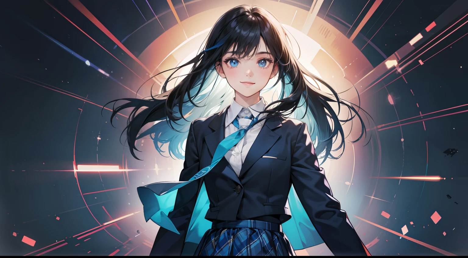 (The background is filled with a simple blue design pattern in 2D), (Formal jacket dark blue), girl placed on the right, The theme color is blue, masutepiece, Super Detail, High quality, awardwinning, 8K, (girl), Solo, Smiling, High School Uniform, White shirt, Short tie, Short pleated skirt is plaid, Half body shot, Shooting from the front, Detailed fingers, romantic, Cinematic Light