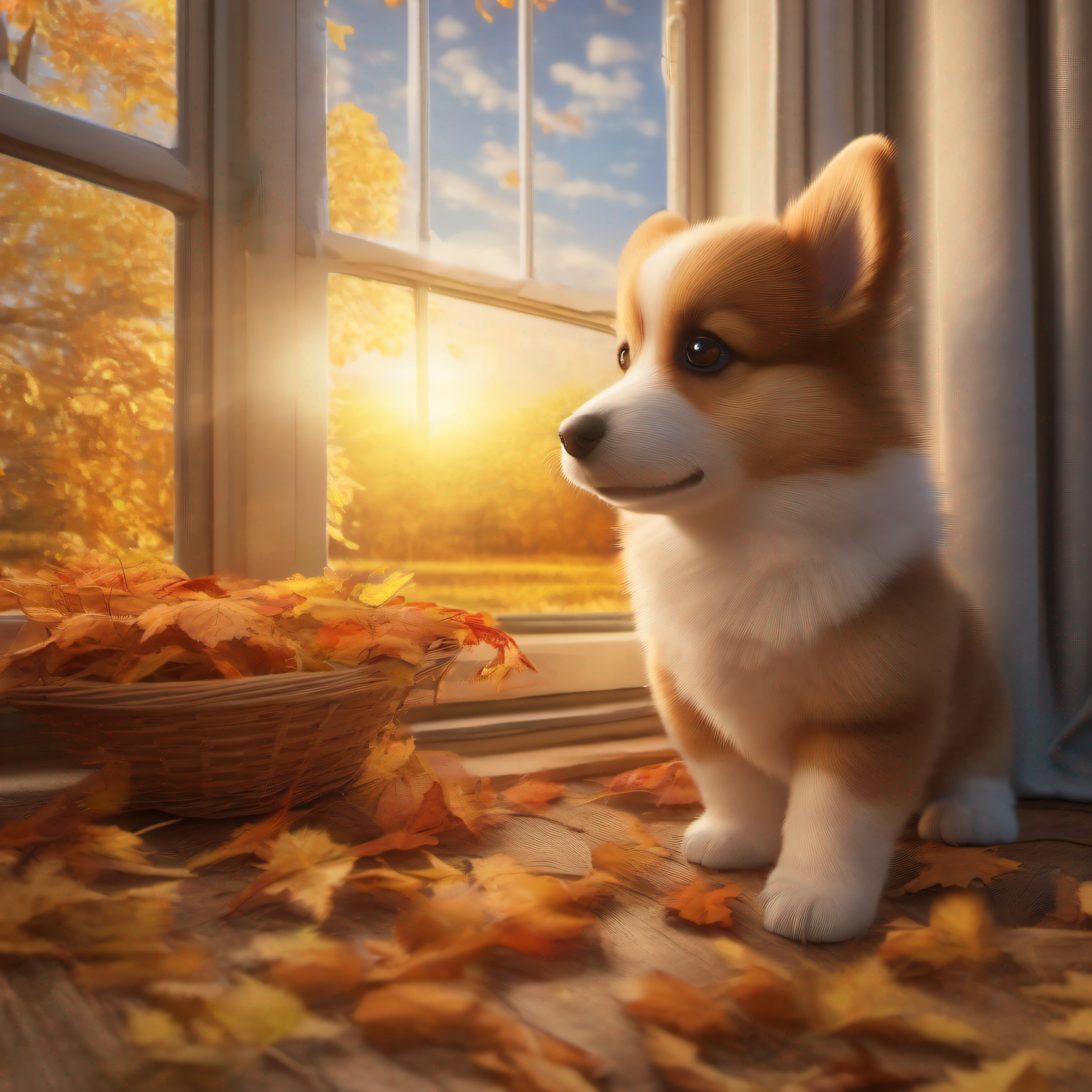 best qualtiy:1.2),(tmasterpiece:1.2),(realisticlying:1.2),close up photograph,In the autumn fields,Harvest season,A very cute jumping puppy,Corgi,Soft volumetric light,(looking at viewert:1.3),(The light from the back window is backlighted:1.3), (cinematic ligh:1.2),intricately details,tmasterpiece