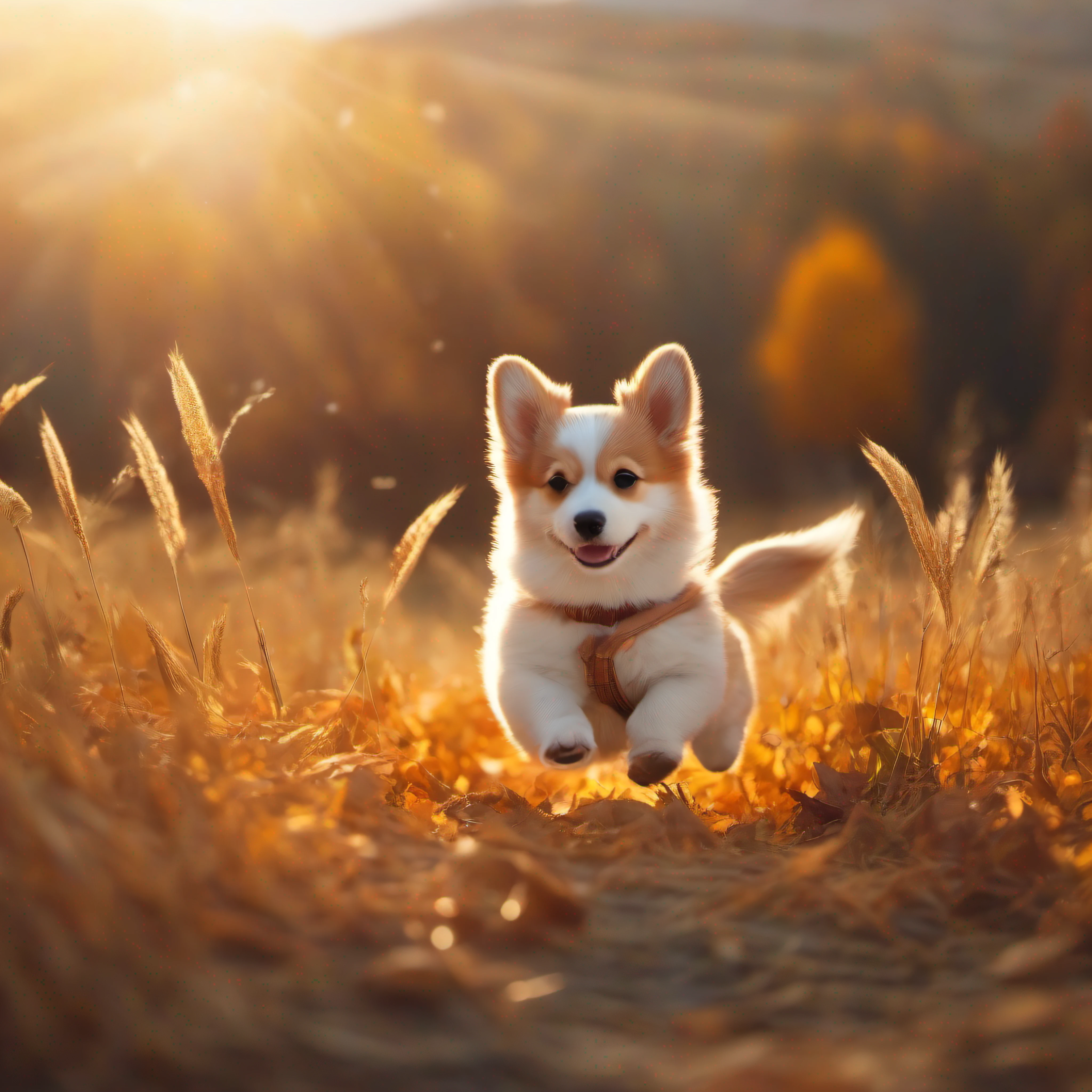 best qualtiy:1.2),(tmasterpiece:1.2),(realisticlying:1.2),close up photograph,In the autumn fields,Harvest season,A very cute jumping puppy,Corgi,Soft volumetric light,(looking at viewert:1.3),(The light from the back window is backlighted:1.3), (cinematic ligh:1.2),intricately details,tmasterpiece