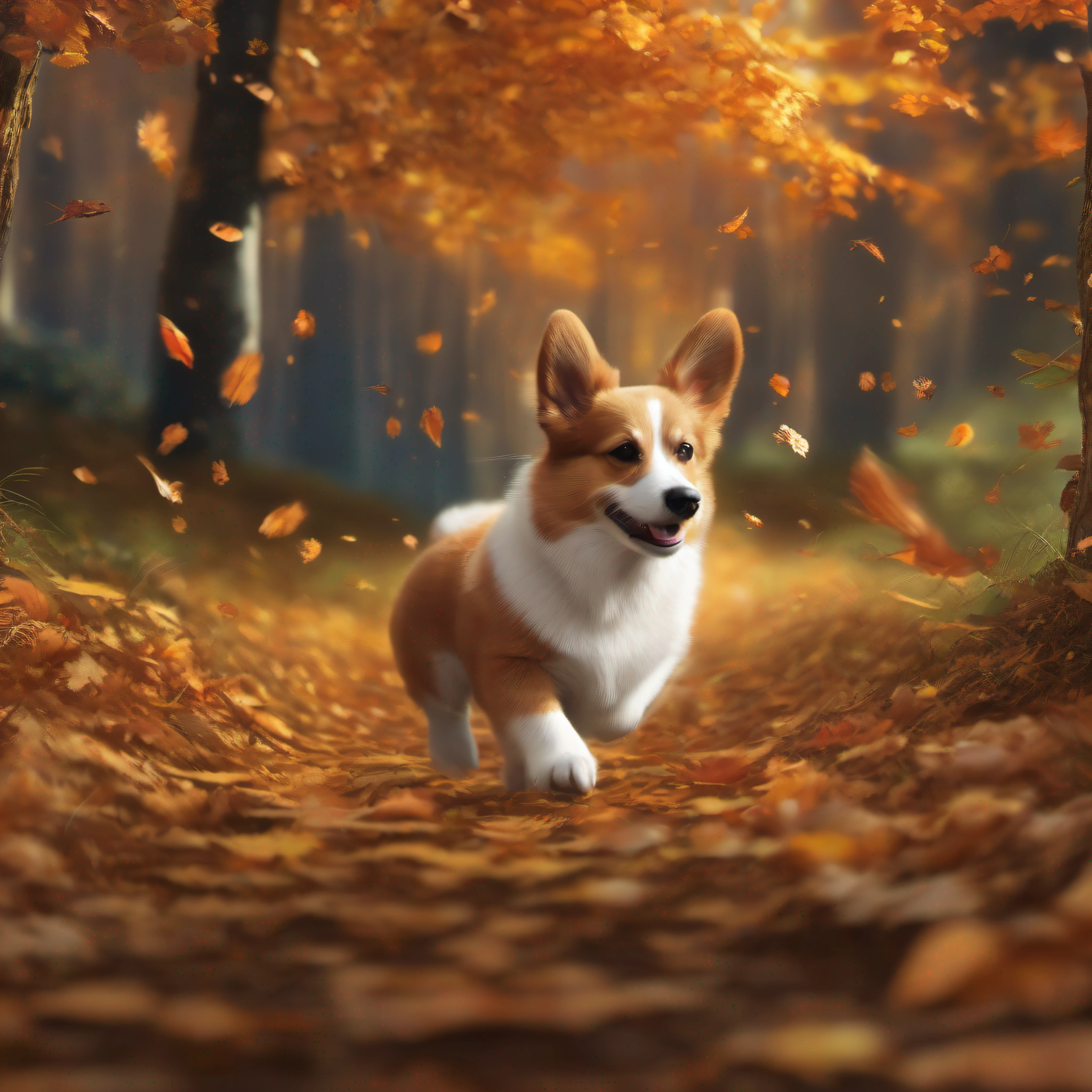 (best qualtiy:1.2),(tmasterpiece:1.2),(realisticlying:1.2),close up photograph,in the autumn forest,Fluttering fallen leaves,A very cute jumping puppy,Corgi,Soft volumetric light,(looking at viewert:1.3),(The light from the back window is backlighted:1.3), (cinematic ligh:1.2),intricately details,tmasterpiece