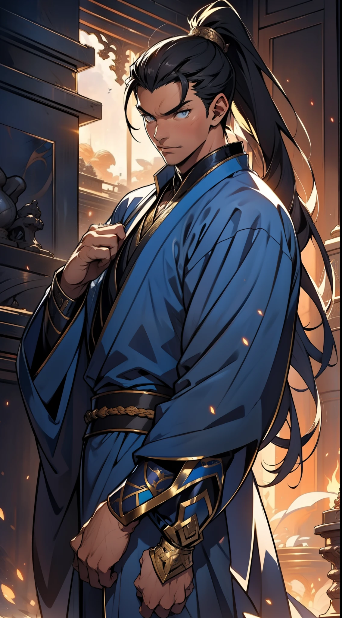 quadratic element,style of anime,mtu(Male Warrior),The proportions are correct,Face details,swordsmen,High ponytail hairstyle,Neck details,There is an Adam's apple,Blue suit,kaftan,long blue robes,clothes details,Handing over,longer sleeves,Game quality,Swordsmanship,Light and shadow tracking,Ray traching,detailed glow,cg render,hair detail,Black long hair,blue colored eyes,Handsome,Handsome,(juvenile sense),Clothing is complicated,Perfectcomposition,Refinement,high qulity,higher details,Lots of details,The background is complex,a sense of atmosphere,