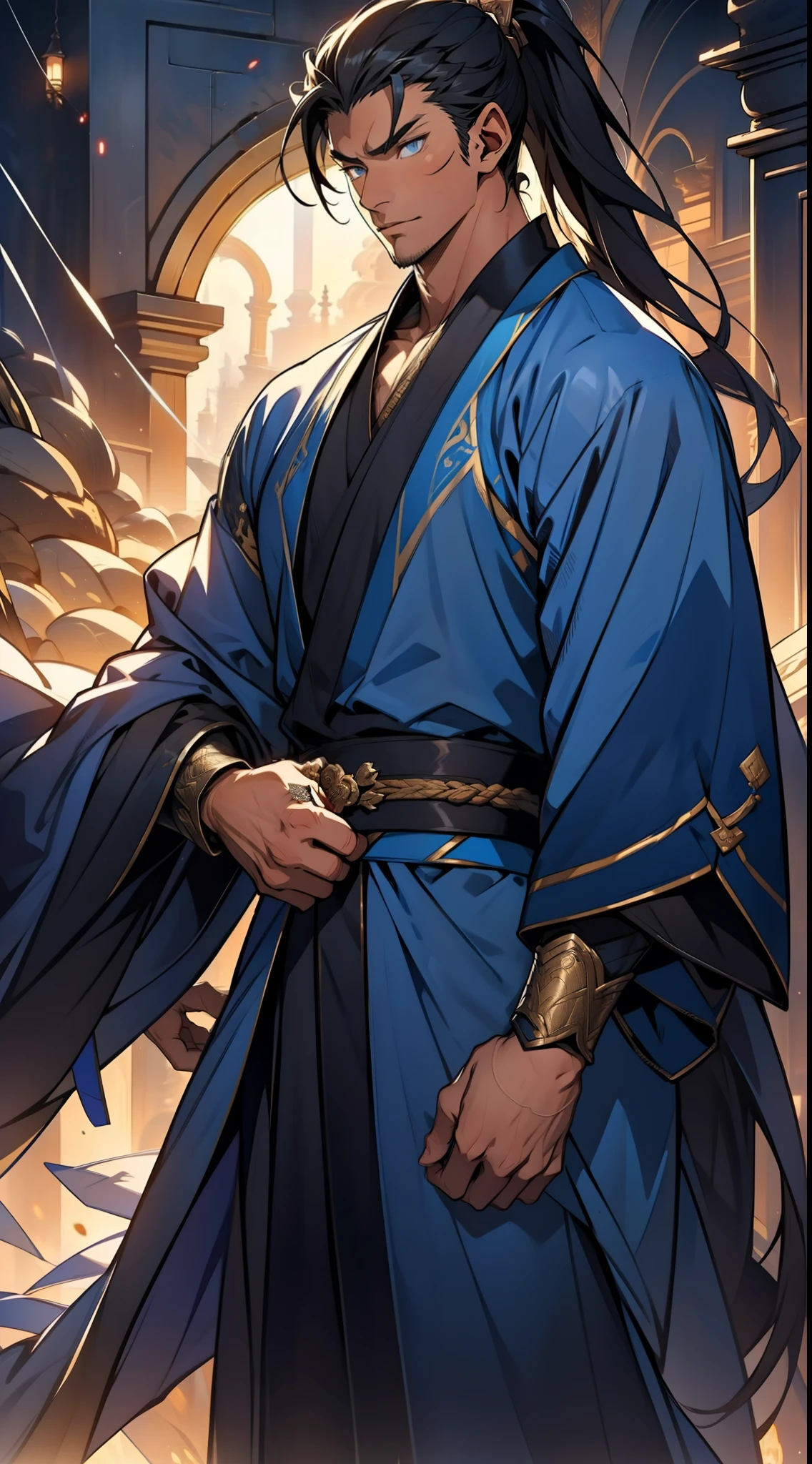 quadratic element，style of anime，mtu（Male Warrior），The proportions are correct，Face details，swordsmen，High ponytail hairstyle，Neck details，There is an Adam's apple，Blue suit，kaftan，long blue robes，clothes details，Handing over，longer sleeves，Game quality，Swordsmanship，Light and shadow tracking，Ray traching，detailed glow，cg render，hair detail，Black long hair，blue colored eyes，Handsome，Handsome，（juvenile sense），Clothing is complicated，Perfectcomposition，Refinement，high qulity，higher details，Lots of details，The background is complex，a sense of atmosphere，