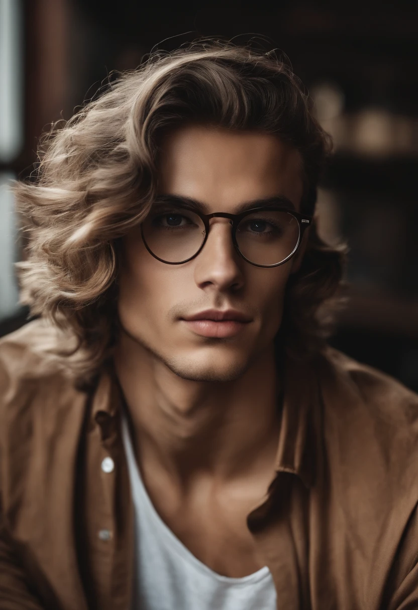 2 imagens em uma: Um homem jovem, magro, branco, de cabelos castanhos e olhos castanhos, who wears a round glasses, e tem cabelo curto. I want him to become a woman