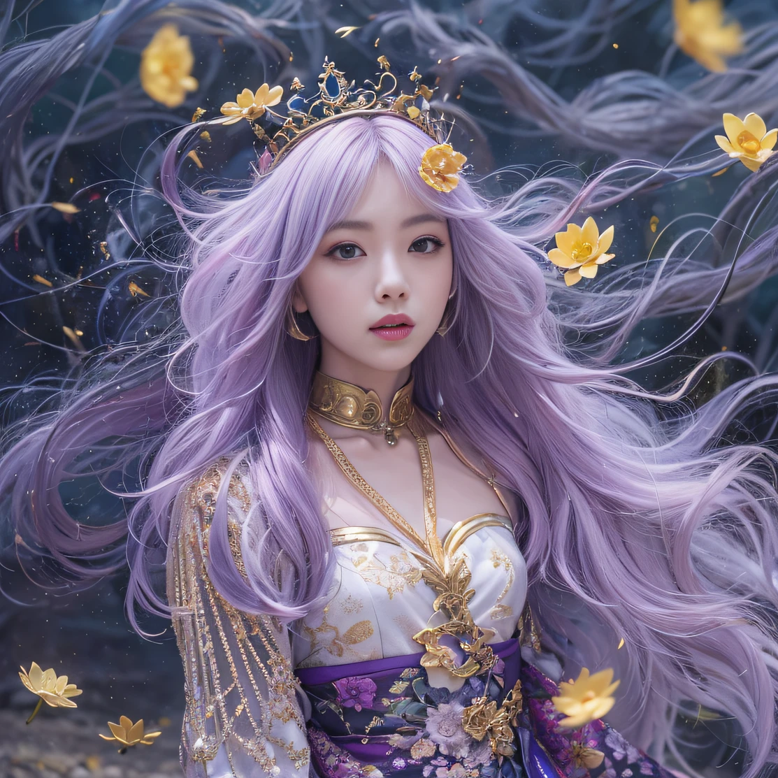 Genki Girl 32K(tmasterpiece,k hd,hyper HD,32K)Long flowing bright purple hair,Autumn Pond,zydink, a color, Asian people (Genki girl), (Silk scarf), Combat posture, looking at the ground, long whitr hair, Floating bright purple, Fire cloud pattern gold tiara, Chinese long-sleeved gold silk garment, (Abstract metaverse splash:1.2), white backgrounid,Lotus vitality protector(realisticlying:1.4),Bright purple hair,Smoke on the road,The background is pure, A high resolution, the detail, RAW photogr, Sharp Re, Nikon D850 Film Stock Photo by Jefferies Lee 4 Kodak Portra 400 Camera F1.6 shots, Rich colors, ultra-realistic vivid textures, Dramatic lighting, Unreal Engine Art Station Trend, cinestir 800,A girl with long flowing bright purple hair