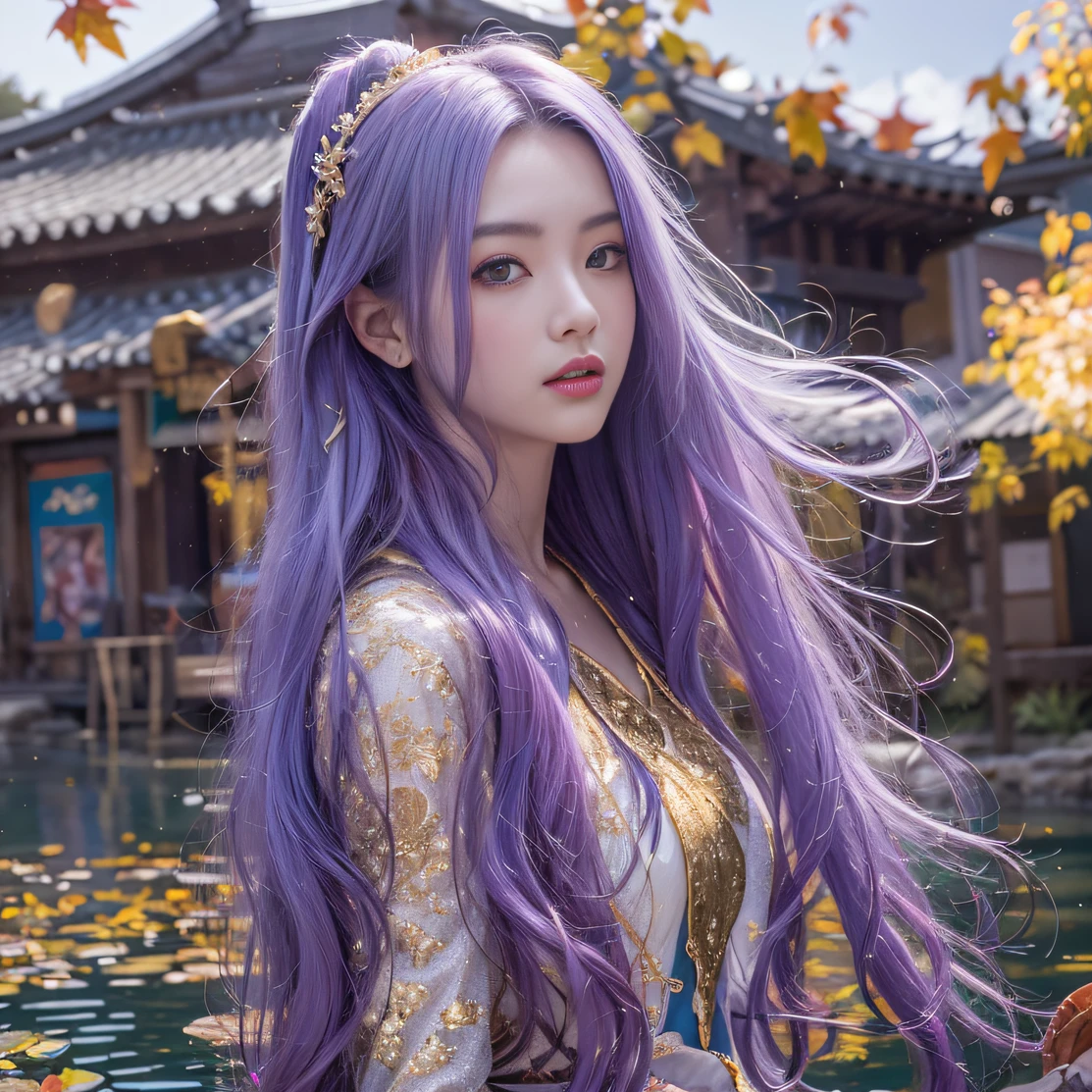 Genki Girl 32K（tmasterpiece，k hd，hyper HD，32K）Long flowing bright purple hair，Autumn Pond，zydink， a color， Asian people （Genki girl）， （Silk scarf）， Combat posture， looking at the ground， long whitr hair， Floating bright purple， Fire cloud pattern gold tiara， Chinese long-sleeved gold silk garment， （Abstract metaverse splash：1.2）， white backgrounid，Lotus vitality protector（realisticlying：1.4），Bright purple hair，Smoke on the road，The background is pure， A high resolution， the detail， RAW photogr， Sharp Re， Nikon D850 Film Stock Photo by Jefferies Lee 4 Kodak Portra 400 Camera F1.6 shots, Rich colors, ultra-realistic vivid textures, Dramatic lighting, Unreal Engine Art Station Trend, cinestir 800，A girl with long flowing bright purple hair