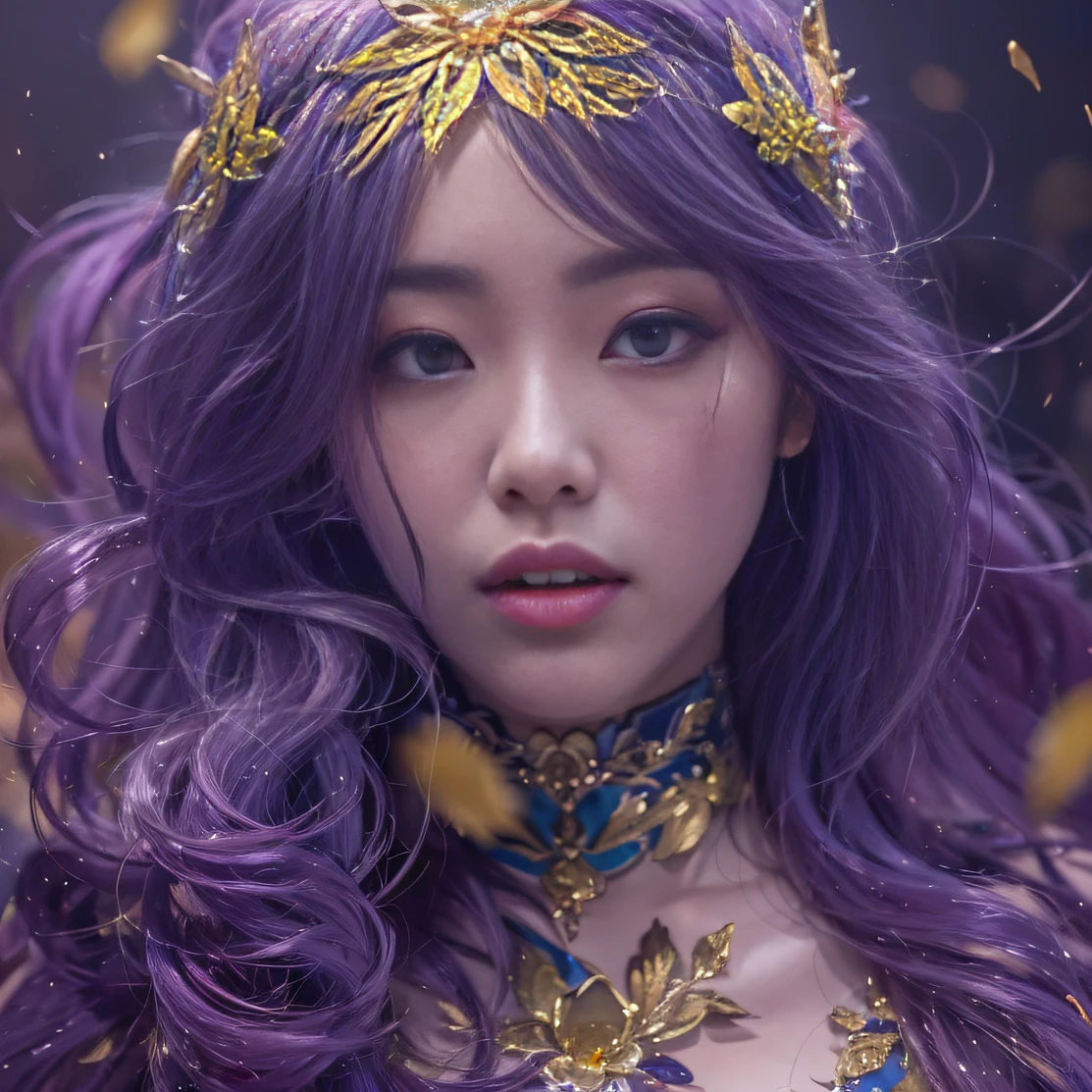 Genki Girl 32K(tmasterpiece,k hd,hyper HD,32K)Long flowing bright purple hair,Autumn Pond,zydink, a color, Asian people (Genki girl), (Silk scarf), Combat posture, looking at the ground, long whitr hair, Floating bright purple, Fire cloud pattern gold tiara, Chinese long-sleeved gold silk garment, (Abstract metaverse splash:1.2), white backgrounid,Lotus vitality protector(realisticlying:1.4),Bright purple hair,Smoke on the road,The background is pure, A high resolution, the detail, RAW photogr, Sharp Re, Nikon D850 Film Stock Photo by Jefferies Lee 4 Kodak Portra 400 Camera F1.6 shots, Rich colors, ultra-realistic vivid textures, Dramatic lighting, Unreal Engine Art Station Trend, cinestir 800,A girl with long flowing bright purple hair