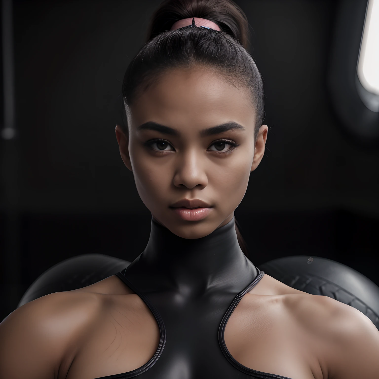 Beautiful Indonesian mix Melanesian woman, (18 years old), MMA trainer, (((revealing cotton bodysuit))), (black MMA gloves ), fit body, (muscles:1.1), (detailed feminine face:1.5), female fitness model body, private MMA octagon background, masterpiece, perfect lighting, uhd, 8k, she trains men in MMA for a living, she is an exceptional MMA fighter, curvy hard toned feminine body, long ponytail hair, ((very slutty stare at camera)), ((very slutty pose)), super sexy