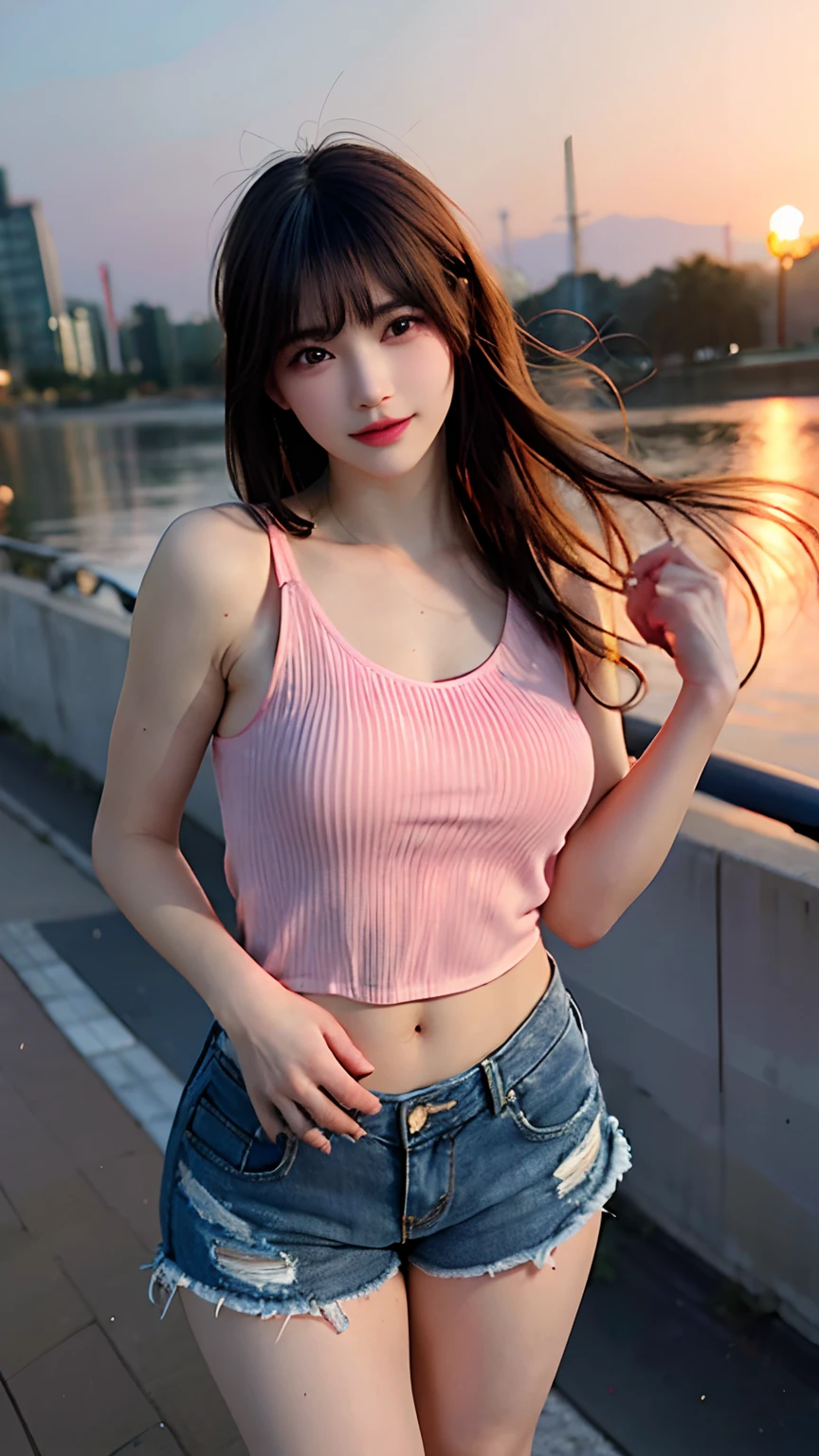 1girl, ((extreme detail)), (ultra-detailed), (best quality, 4k, 8k, highres, masterpiece:1.2), (realistic, photorealistic, photo-realistic:1.37), (extremely detailed CG unity 8k wallpaper), (an extremely delicate and beautiful), fine detail, insane details, sharp focus, soft back, soothing tones, hyperdetailed, low contrast, exposure blend, illustration, film grain, beautiful lighting, perfect lightning, precise proportions,
(perfect female figure), blush,
(beach), background blur, sunlight, daylight,
(short-length wavy parted hair:1.45),
(pink tank top), (denim shorts), (smile:0.8),