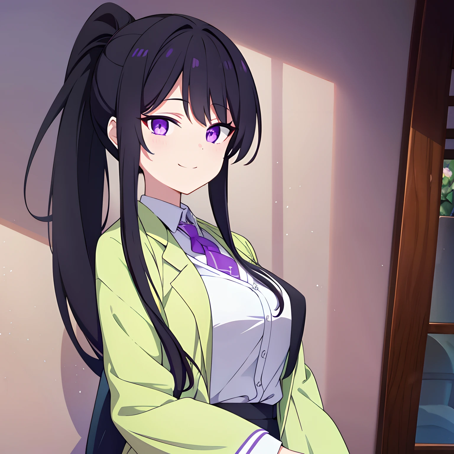 Girl with black hair tied into a high ponytail and purple eyes,ssmile,wearing fancy clothes