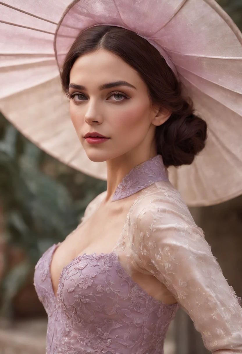 Photorealistic head-to-toe image of a gorgeous brunette woman wearing a tight formal gala-dress and a large chupalla-hat, hair in a bun, hair-bun, Colorants naturels, pose dynamique, Kinematic image, —Niji 5 — Expressive style Textured detail Gorgeous face, detailed skin, (Epic science-fiction heroine, fantasy world, Femme fatale, (inspired by Tomer hanuka, Victor Mosquera, jean giraud moebius)) Looking with purple eyes on camera, Rendu octane, Hdr, couvrir, unzoom, luminisme, Bar lighting, complexe, 8k Resolution Portrait Bioluminescens Fractal Isometry Details : Stunning realistic photography.