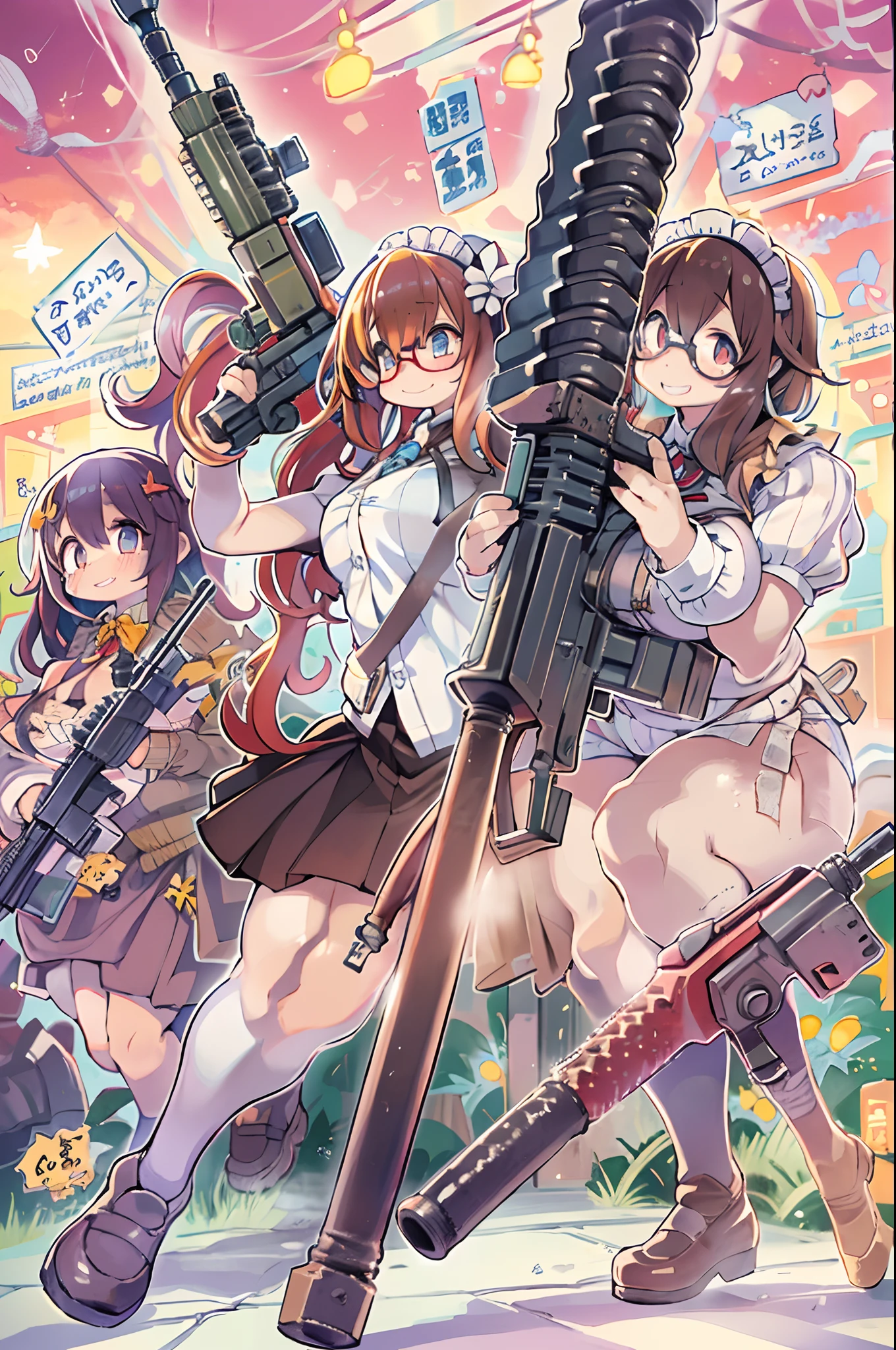 masutepiece, Best Quality, 1girl in, Empty eyes, Utsurome, maid, Smile,a child girl,Lori,(((Huge assault rifle))),rocket launcher、Multiple girls、big round glasses,double tooth