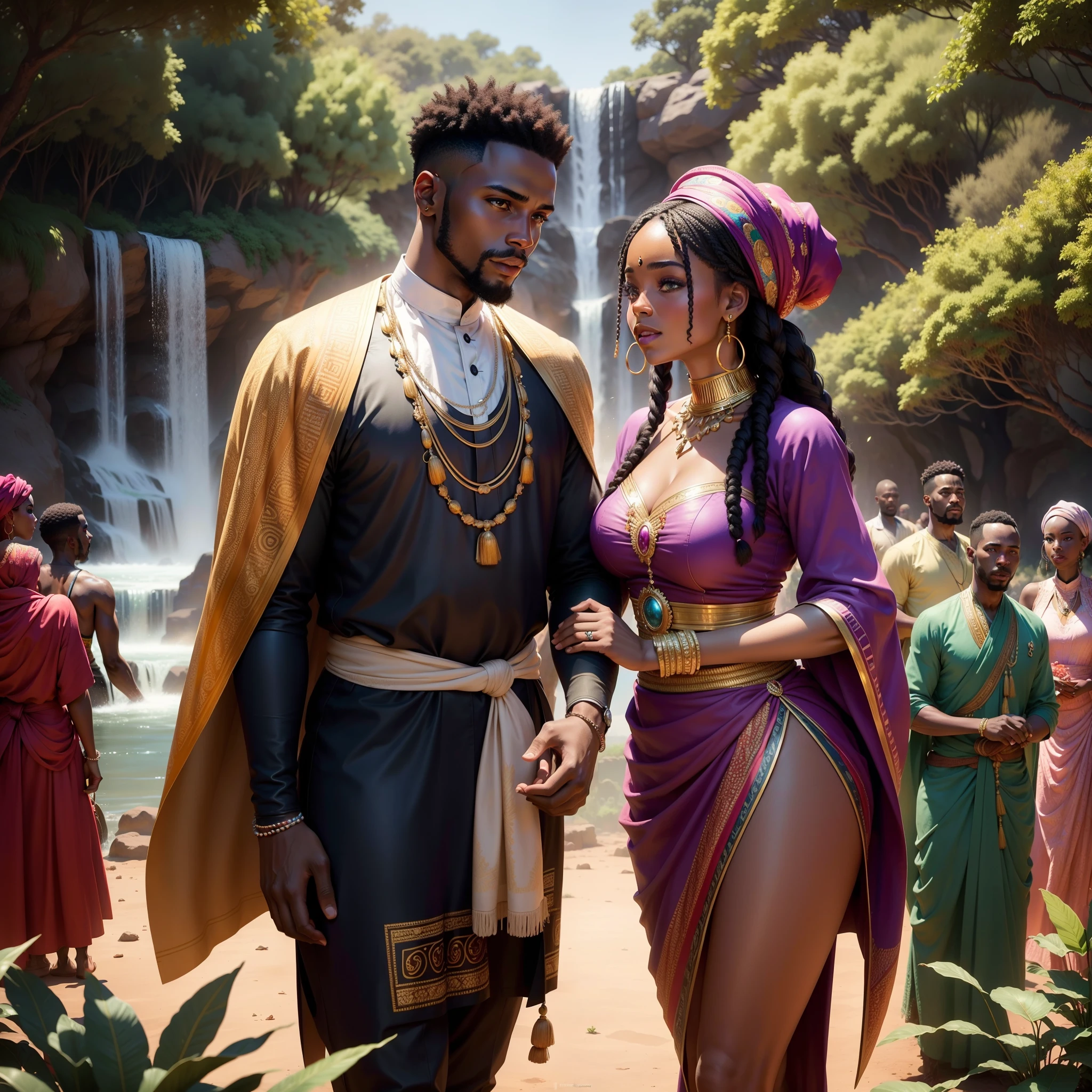 African man marrying African woman with crowd watching them, all wearing African traditional clothes, in an African area surrounded by African sculptures, Trees, gardens of flowers and waterfall, giving a beautiful vibrant and cinematic look, daylight shining with a beautiful vibrant look, with iridescent light, photorealistic image, 32k, ultra HD, cinematic lighting, artgerm style, highly detailed images, vibrant and beautiful colours,