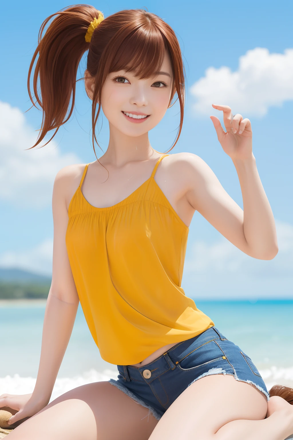 FULL BODYSHOT、an oil painting、masterpiece、top-quality、hight resolution、Red-brown hairs、Cheerful woman、a smile、yellowTThe shirt、Denim hot pants、Sweaty skin、side poneyTail、shores、Looks fun at the seaside、blue-sky、Jumping、lightly dressed
