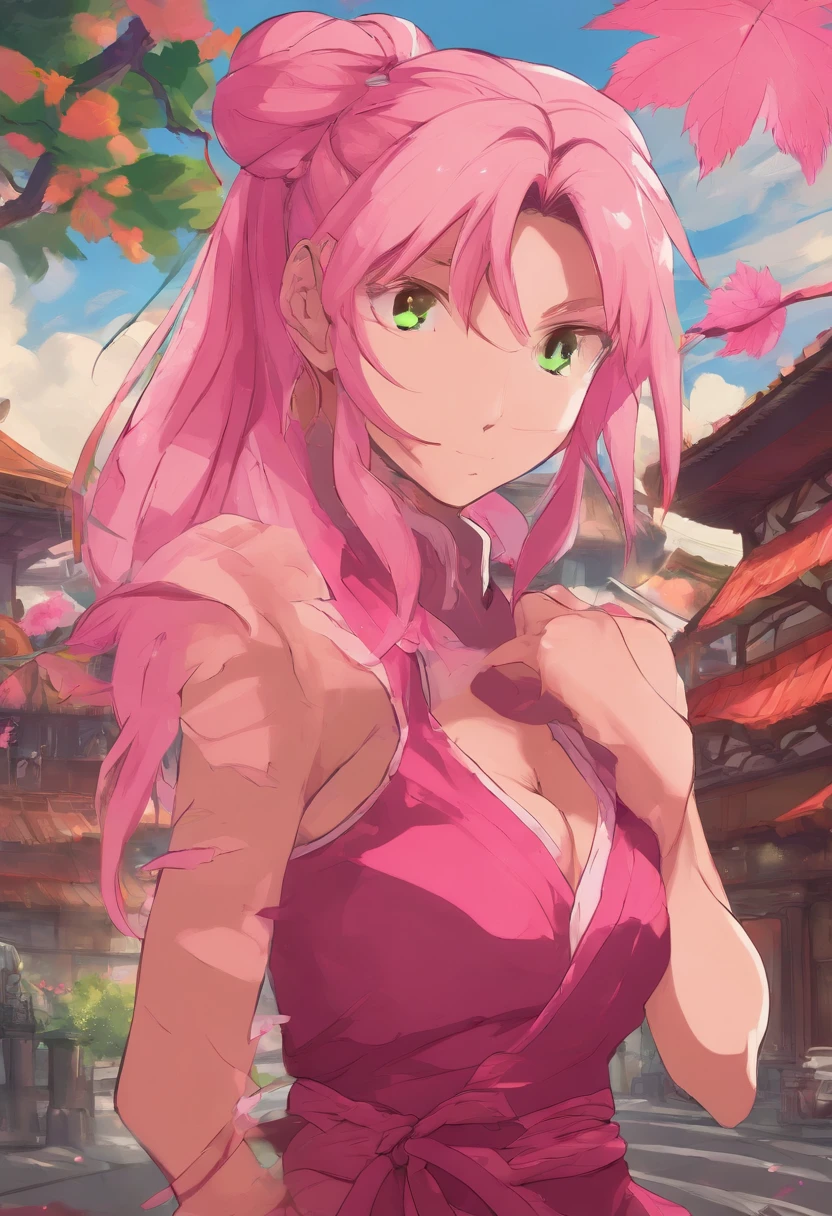 colorful, ((anime)) haruno sakura, long pink hair, green eyes, red dress, ((solo)),  8k, ((leaf village in the background)), ((masterpiece)), HDR, highly detailed, professional