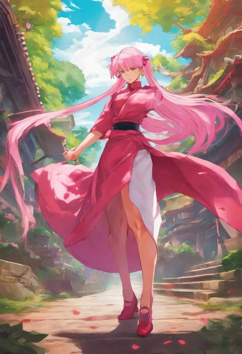 colorful, ((anime)) haruno sakura, long pink hair, green eyes, red dress, ((solo)), 8k, ((leaf village in the background)), ((masterpiece)), HDR, highly detailed, professional