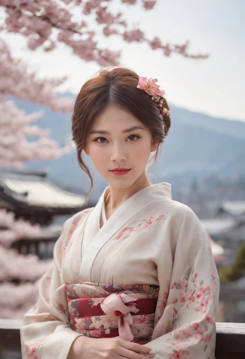 (best quality:1.4), (ultra highres:1.2), (photorealistic:1.4), (8k, RAW photo:1.2), (portrait shot:1.3), 1girl, solo, outdoor, cute japanese model girl, kimono, floral print, hair ornament, looking at viewer, hair flower, brown eyes, bangs, masterpiece, best quality, realistic, cherry blossoms, looking at viewer,the background is mount fuji and kyoto cityscape