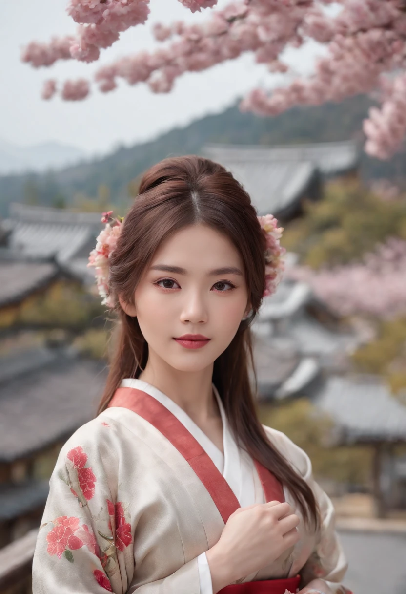 (best quality:1.4), (ultra highres:1.2), (photorealistic:1.4), (8k, RAW photo:1.2), (portrait shot:1.3), 1girl, solo, outdoor, cute japanese model girl, kimono, floral print, hair ornament, looking at viewer, hair flower, brown eyes, bangs, masterpiece, best quality, realistic, cherry blossoms, looking at viewer,the background is mount fuji and kyoto cityscape