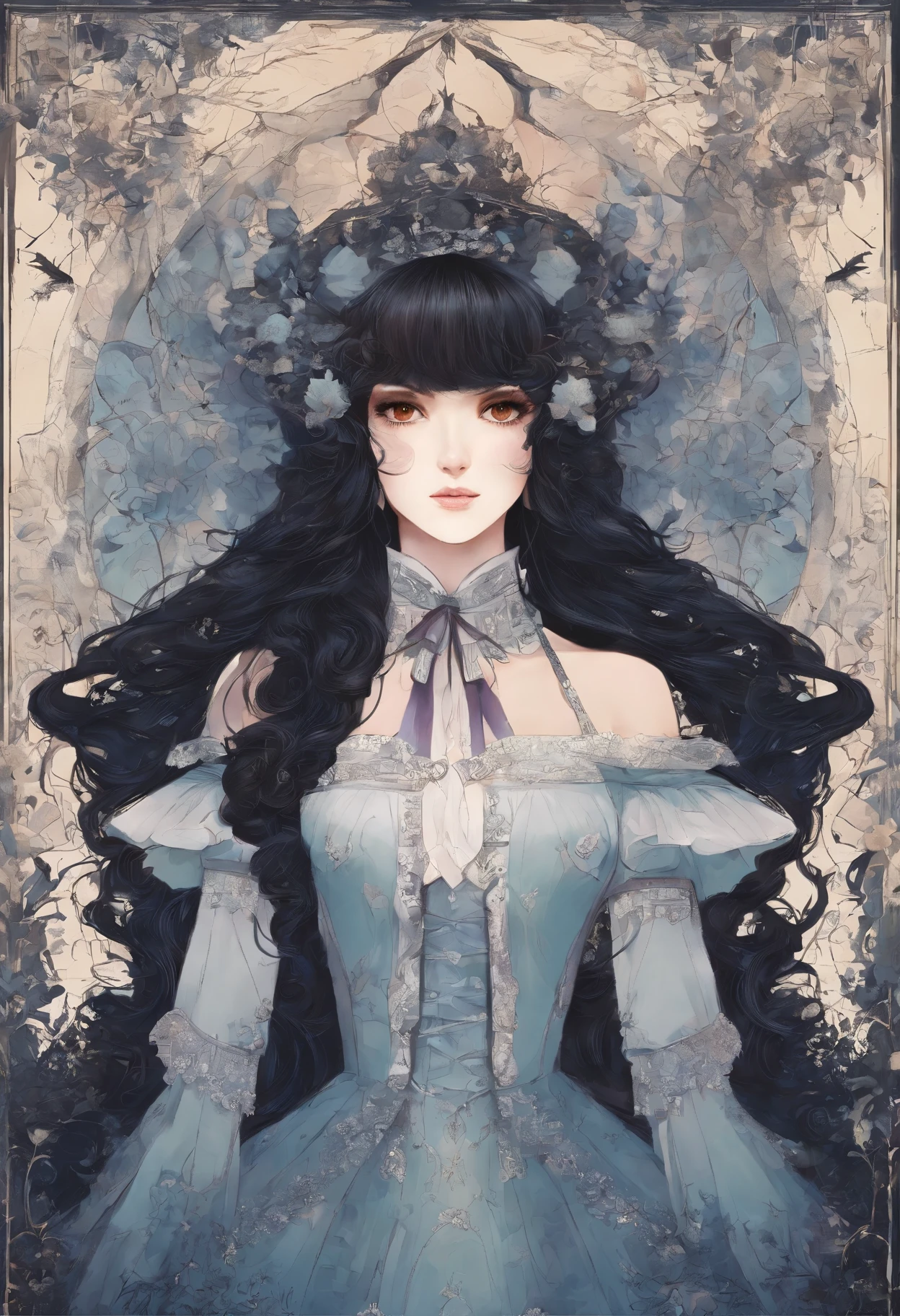 Masterpiece:1.4),, (Best quality:1.4),, Ultra-high RES,, 8K, CG,, (Extremely delicate and beautiful:1.2),,The upper part of the body,, 1girll,, Solo,, fashi-girl,, Thumbelina,Little princess,Blue taffeta court dress,Under huge mushrooms,forest backgrou ,Delicate depiction of facial features,almond eyes,Delicate eyeliner。long eyelasher,greene eyes,Black pupils,There is starlight in the eyes,Delicate lip detailing,Oil painting quality,Thick painting style