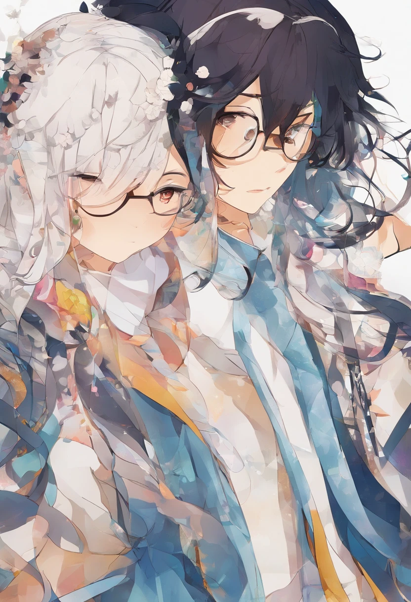 2 imagens em uma: Um homem jovem, magro, branco, de cabelos castanhos e olhos castanhos, who wears a round glasses, e tem cabelo curto, I want you to do his whole body. And in the other half I want him to become a woman, com a mesma roupa que ele estava usando, o corpo inteiro aparecendo, que tenha peitos grandes e cabelo longo