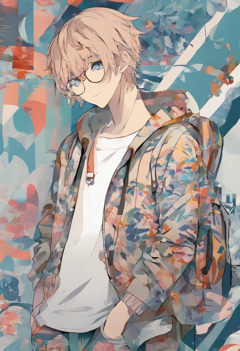 2 imagens em uma: Um homem jovem, magro, branco, de cabelos castanhos e olhos castanhos, who wears a round glasses, e tem cabelo curto, I want you to do his whole body. And in the other half I want him to become a woman, com a mesma roupa que ele estava usando, o corpo inteiro aparecendo, que tenha peitos grandes e cabelo longo