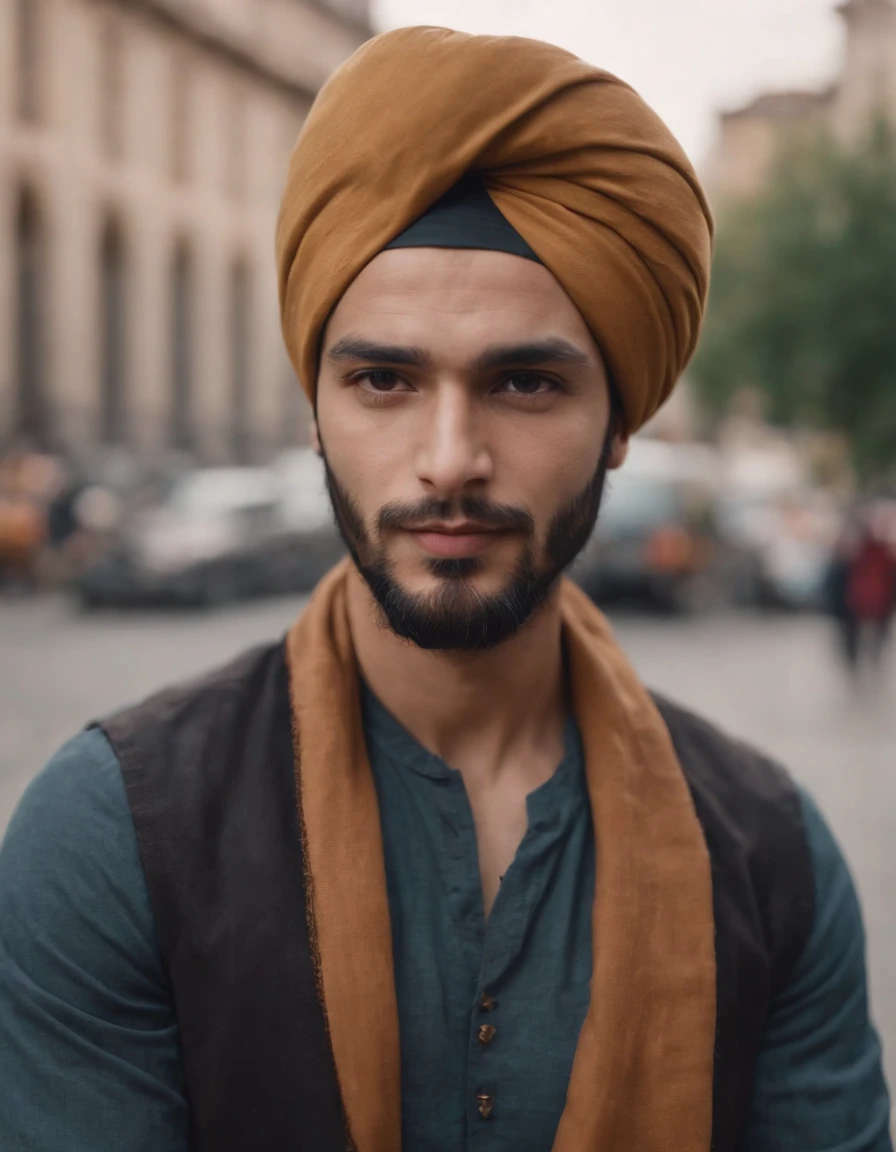 A man wearing a turban stands in the city, style is moody and tranquil scene, social media portrait, detailed portrait, (upper body)