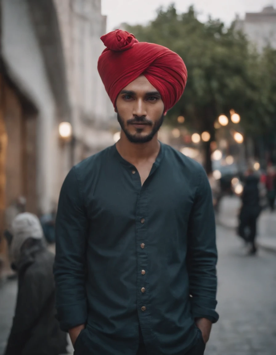 A man wearing a turban stands in the city, style is moody and tranquil scene, social media portrait, detailed portrait, (upper body)