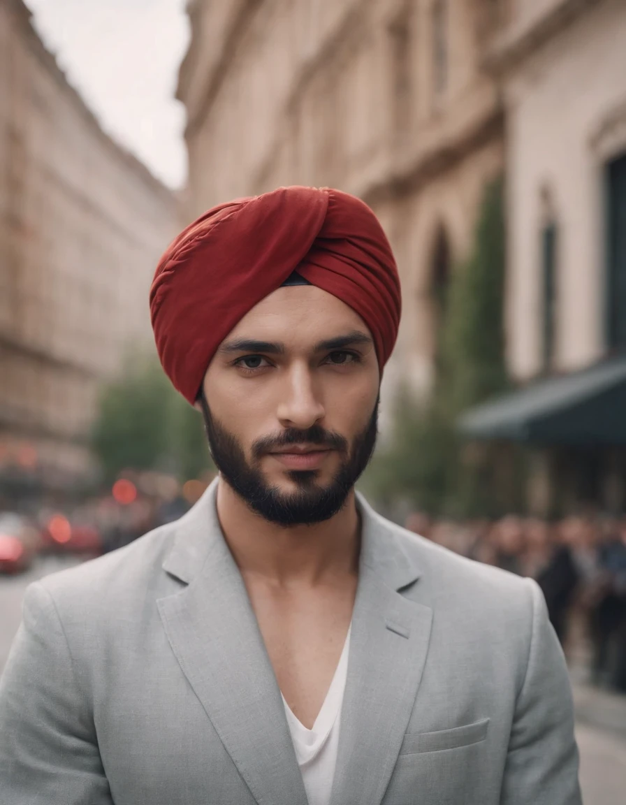 A man wearing a turban stands in the city, style is moody and tranquil scene, social media portrait, detailed portrait, (upper body)
